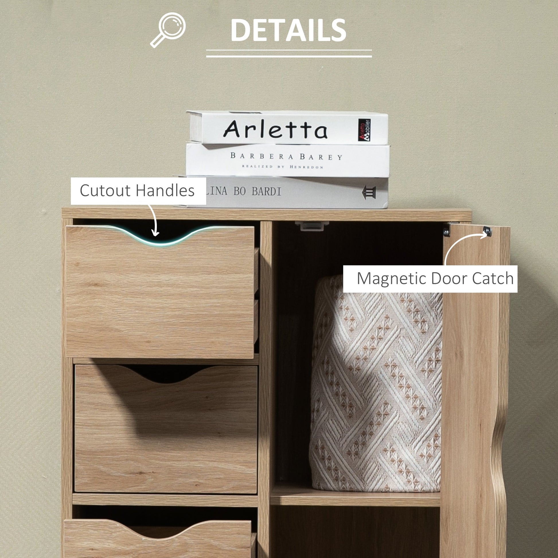 HOMCOM Bathroom Floor Cabinet, Freestanding Storage Unit with 4 Drawers and Door Cupboard for Living Room, Kitchen, Bedroom, Natural