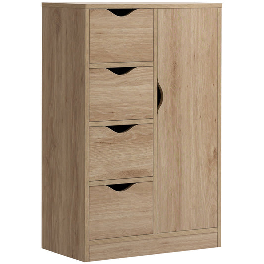 HOMCOM Bathroom Floor Cabinet, Freestanding Storage Unit with 4 Drawers and Door Cupboard for Living Room, Kitchen, Bedroom, Natural