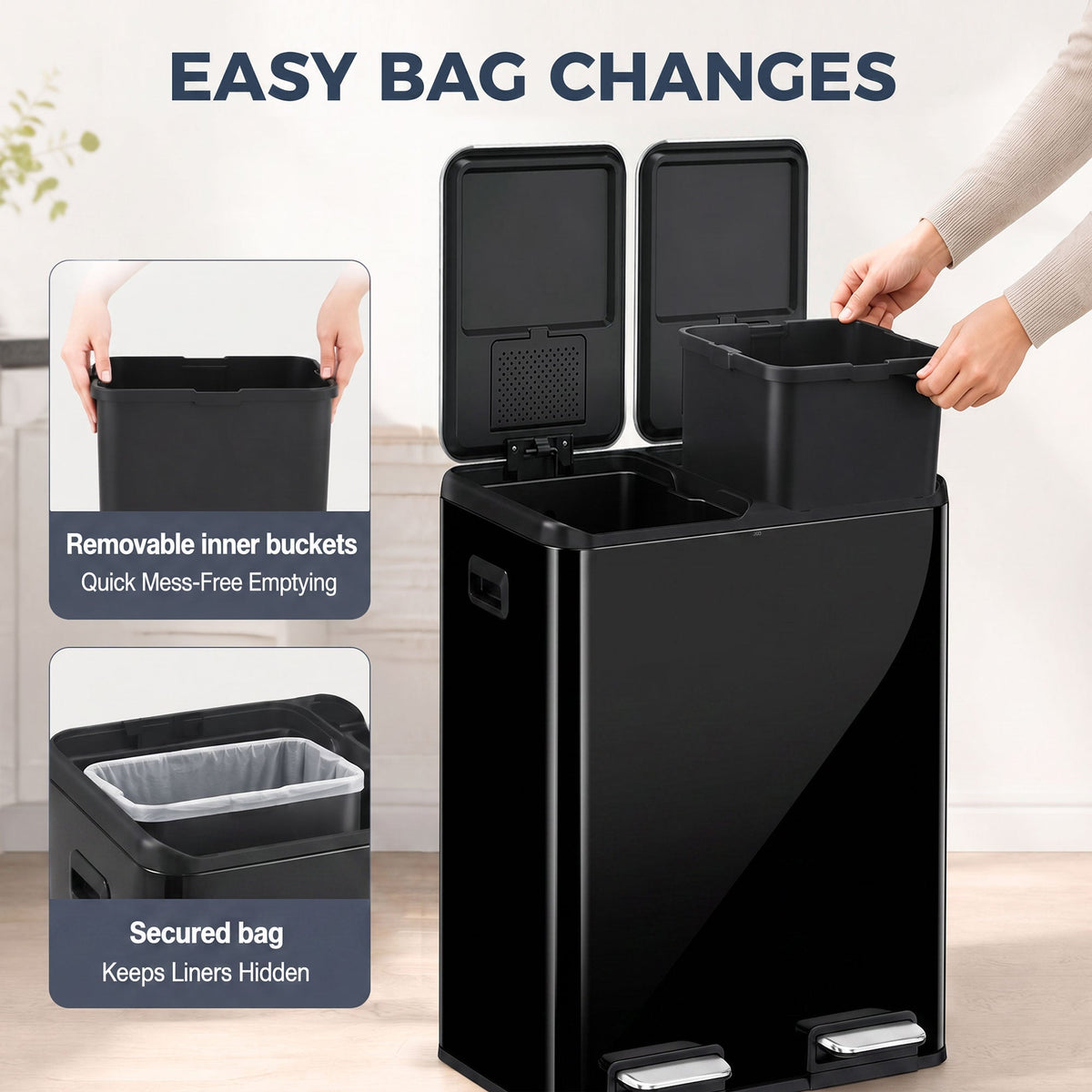2 x 30L Double Kitchen Bin, Stainless Steel Pedal Rubbish Bin with Dual Compartments, Soft Close & Stay-Open Lids, Removable Inner Buckets for Kitchen, Home, Office, Recycling, High Gloss Black