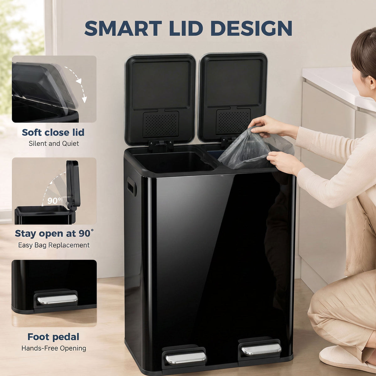 2 x 30L Double Kitchen Bin, Stainless Steel Pedal Rubbish Bin with Dual Compartments, Soft Close & Stay-Open Lids, Removable Inner Buckets for Kitchen, Home, Office, Recycling, High Gloss Black