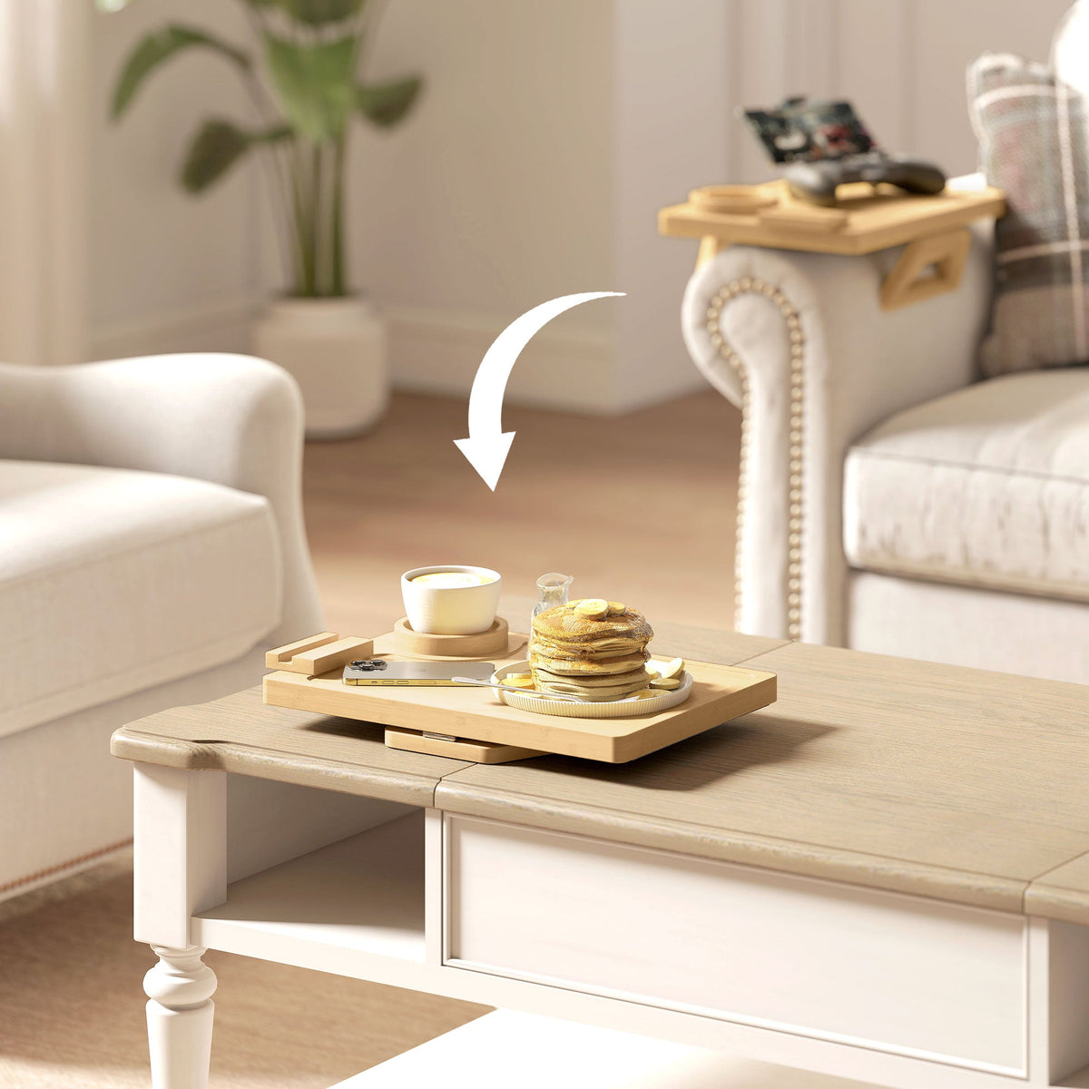 Bamboo Sofa Arm Tray, Anti-Slip Sofa Armrest Tray with 360° Phone Holder and Removable Cup Holder, Clip-On Armchair Table for Drinks, Snacks and Remote Control, Natural Wood Finish