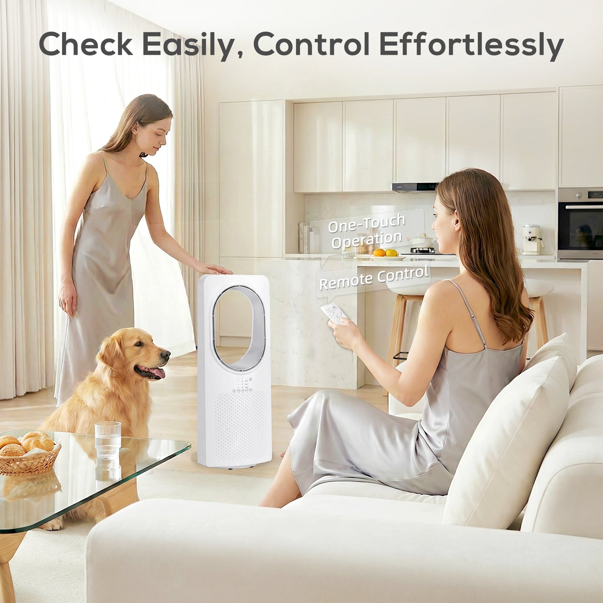 Bladeless Tower Fan for Bedroom, 36dB Standing Cooling Fan with 45° Oscillating, 3 Speeds, 3 Modes, 15H Timer, Touch Panel and Remote Control, White