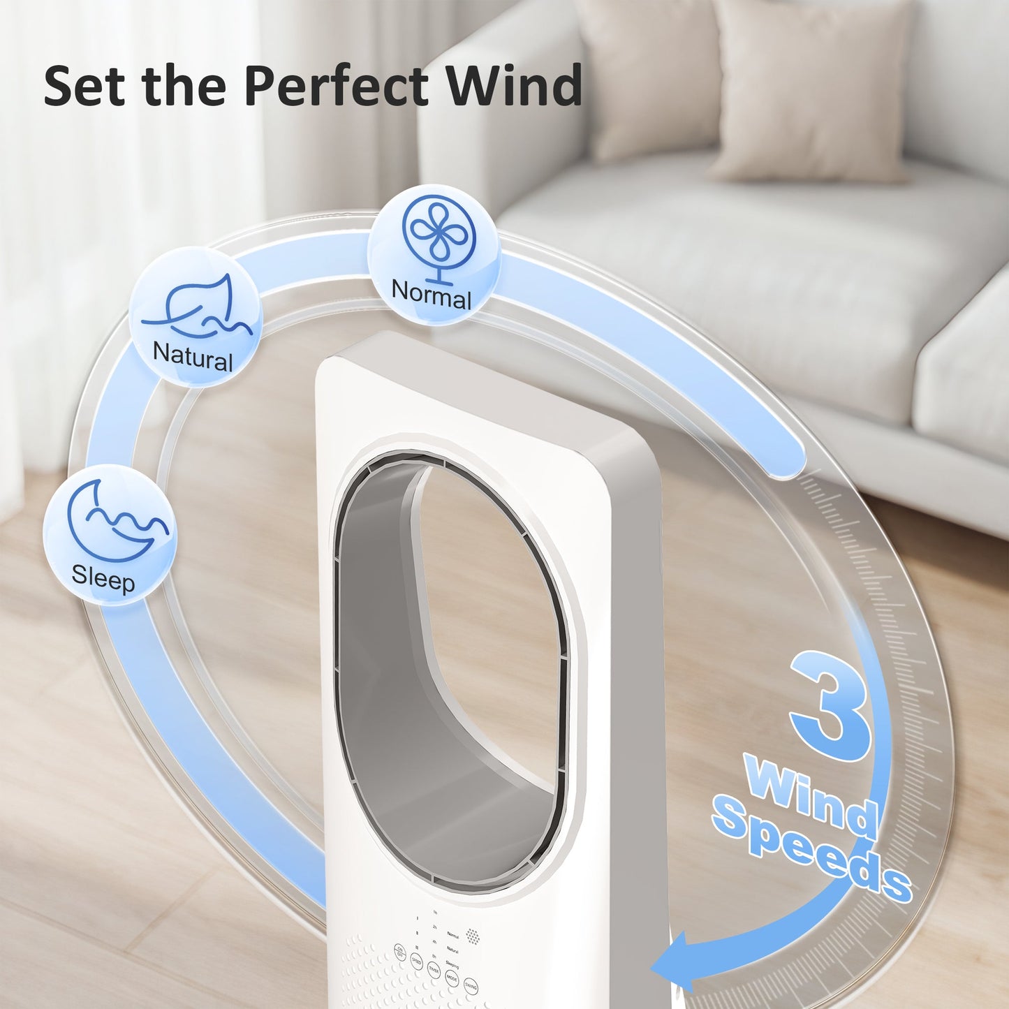 Bladeless Tower Fan for Bedroom, 36dB Standing Cooling Fan with 45° Oscillating, 3 Speeds, 3 Modes, 15H Timer, Touch Panel and Remote Control, White