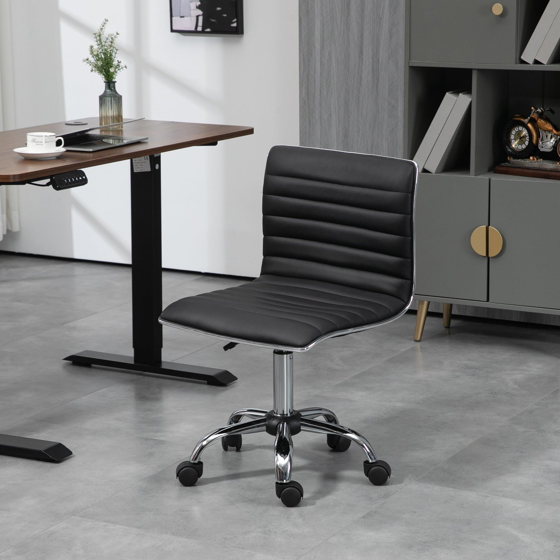 HOMCOM Adjustable Swivel Office Chair with Armless Mid-Back in PU Leather and Chrome Base - Black