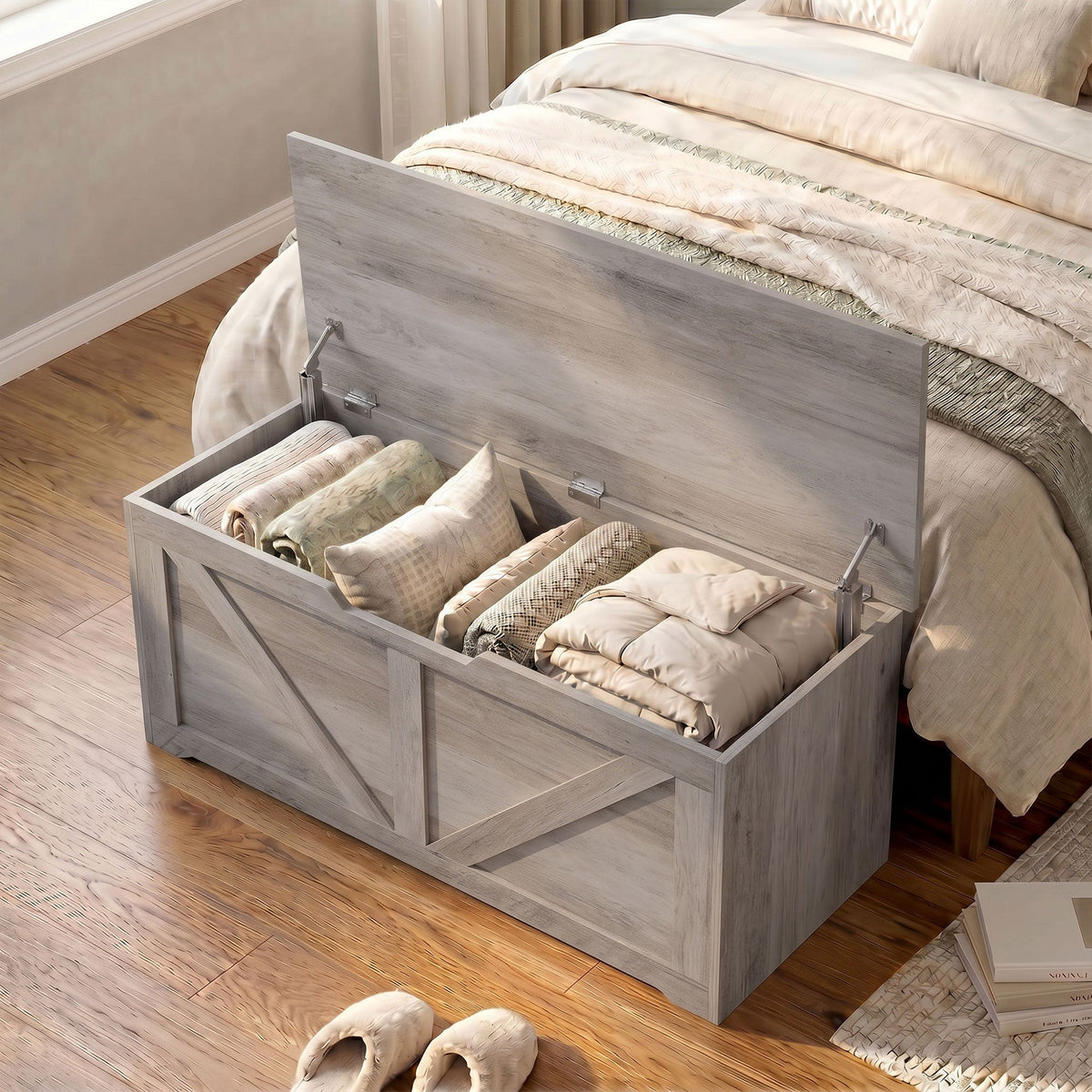 127L Storage Chest, Shoe Storage Trunk Bench Box with 2 Safety Hinges and U-shaped Cut-out Pull, Blanket Box Ottoman for Bedroom, Living Room, Entryway, 100 x 40 x 45 cm, Grey Wood-Effect