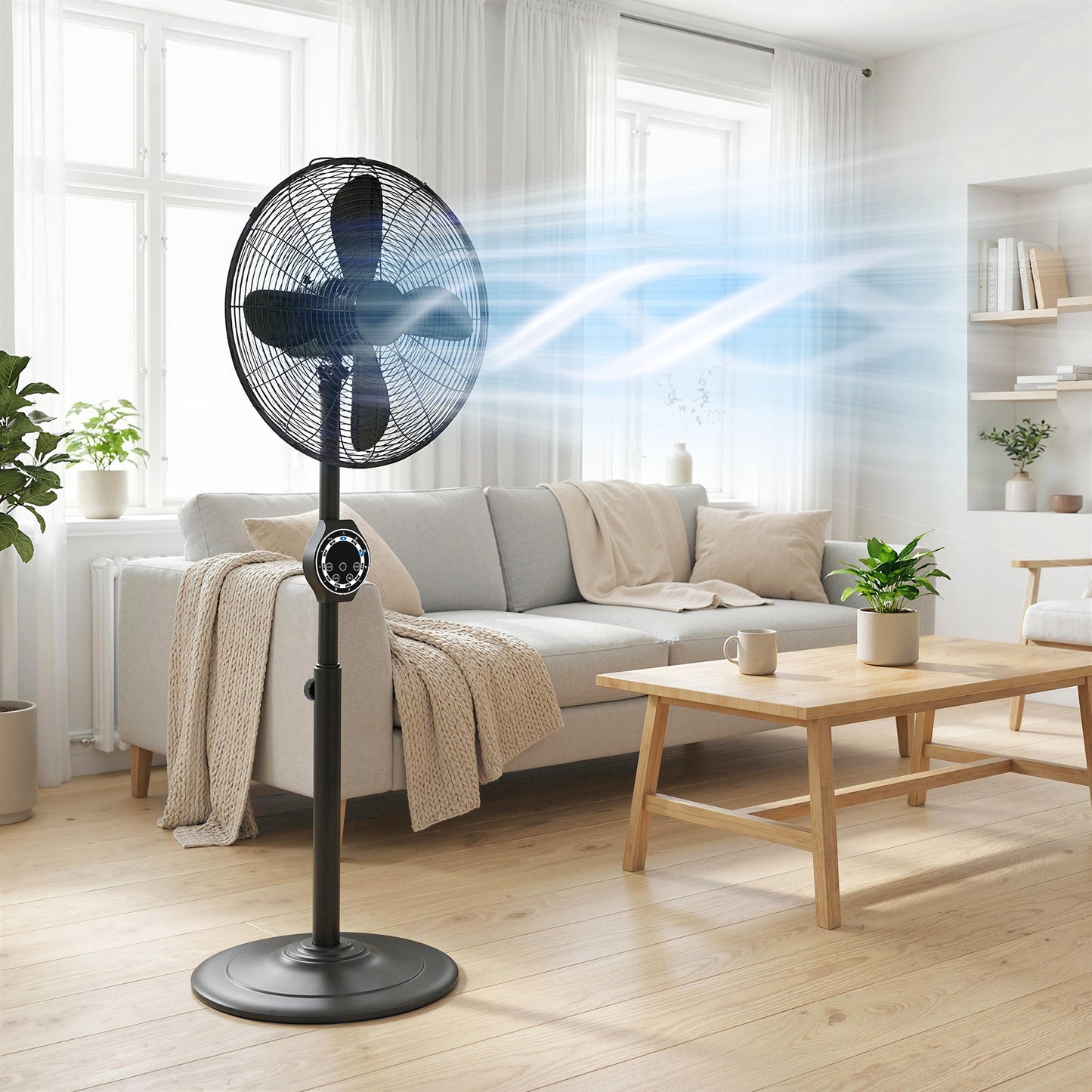 41 cm Metal Pedestal Fan, Electric Standing Floor Fan, Oscillating, Adjustable Height, 3 Speed, 7.5H Timer, Remote Control, Sleep Mode, for Home Office Bedroom, Black