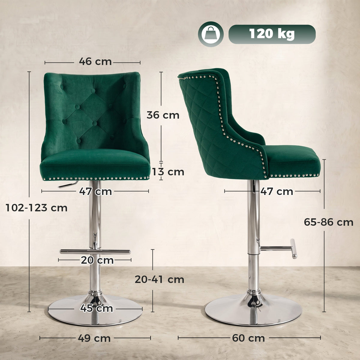 Bar Stools Set of 2, Modern Swivel & Adjustable Velvet Barstools with Button-Tufted Back, Footrest, Nailhead Trim for Home Bar, Green