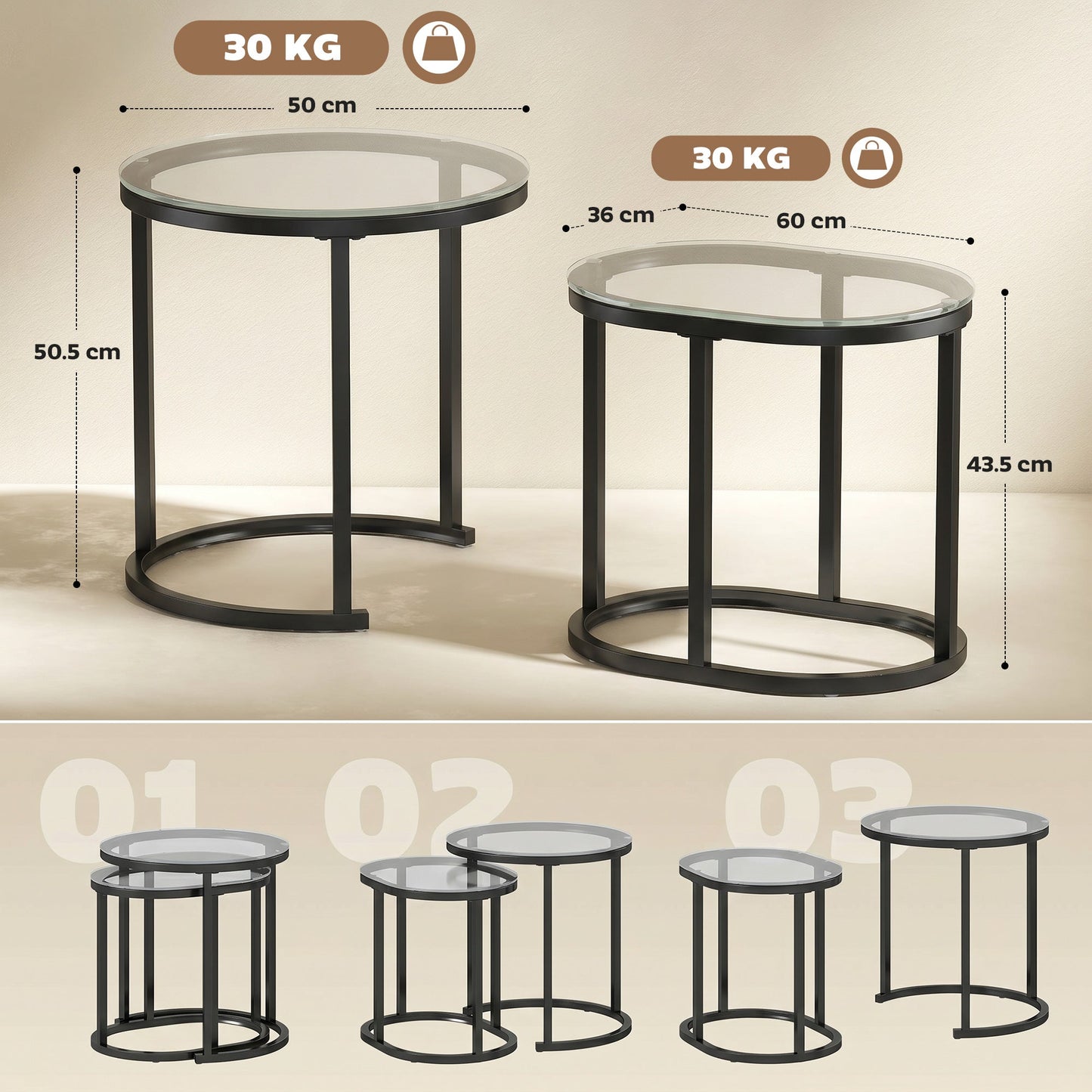Modern Coffee Table Set of 2, Nest of Tables with Steel Frame and Tempered Glass Tabletop, Side Tables for Living Room Bedroom, Black