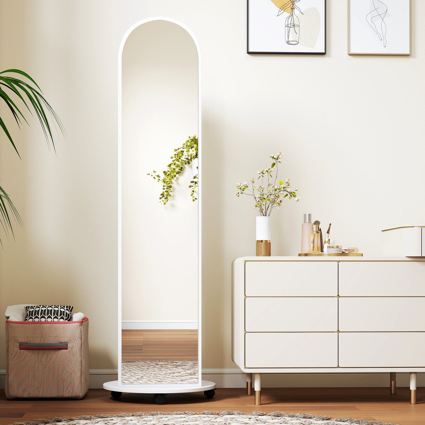 2-in-1 Full Length Mirror with Storage Shelves, Floor Mirror with 4 Universal Wheels, Coat Rack, 4 Hooks, Space-Saving Freestanding Organiser for Bedroom, Living Room, White
