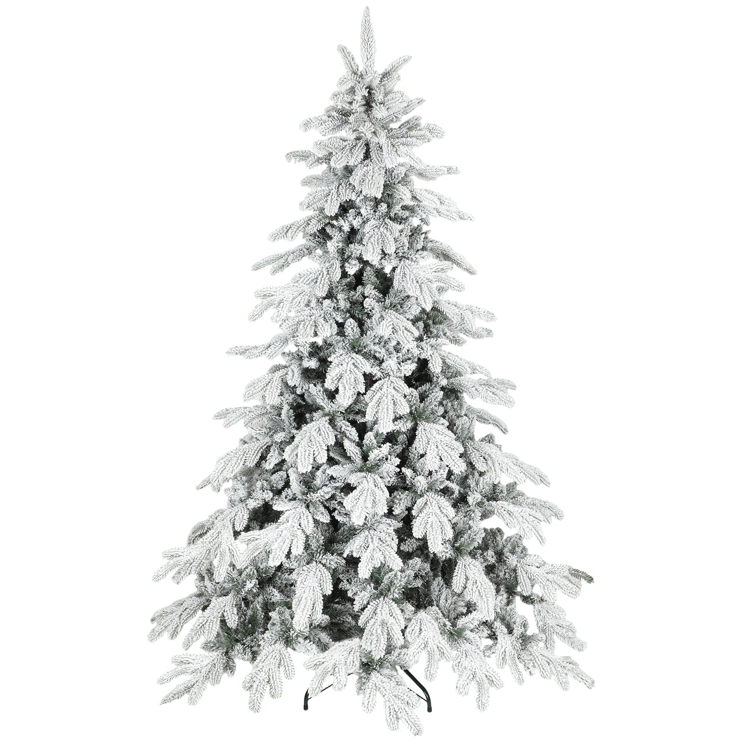 7ft Artificial Christmas Tree, Snow Flocked Christmas Tree with Realistic Dense Branches, Hinged Design, Metal Stand, Wide Shape, Easy Assembly, Xmas Home Decoration, Green White