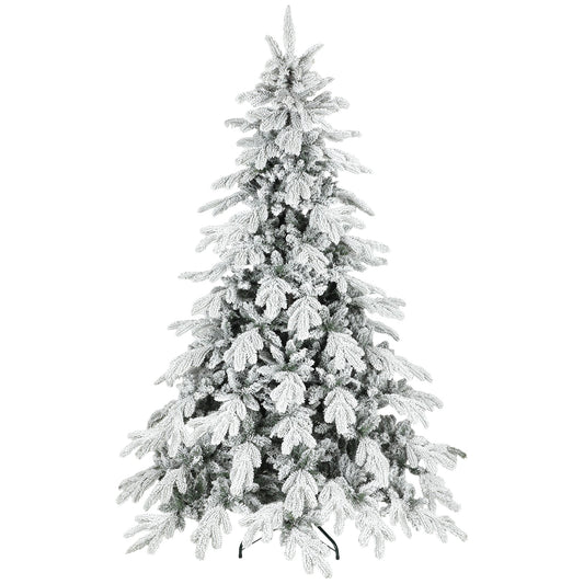 7ft Artificial Christmas Tree, Snow Flocked Christmas Tree with Realistic Dense Branches, Hinged Design, Metal Stand, Wide Shape, Easy Assembly, Xmas Home Decoration, Green White