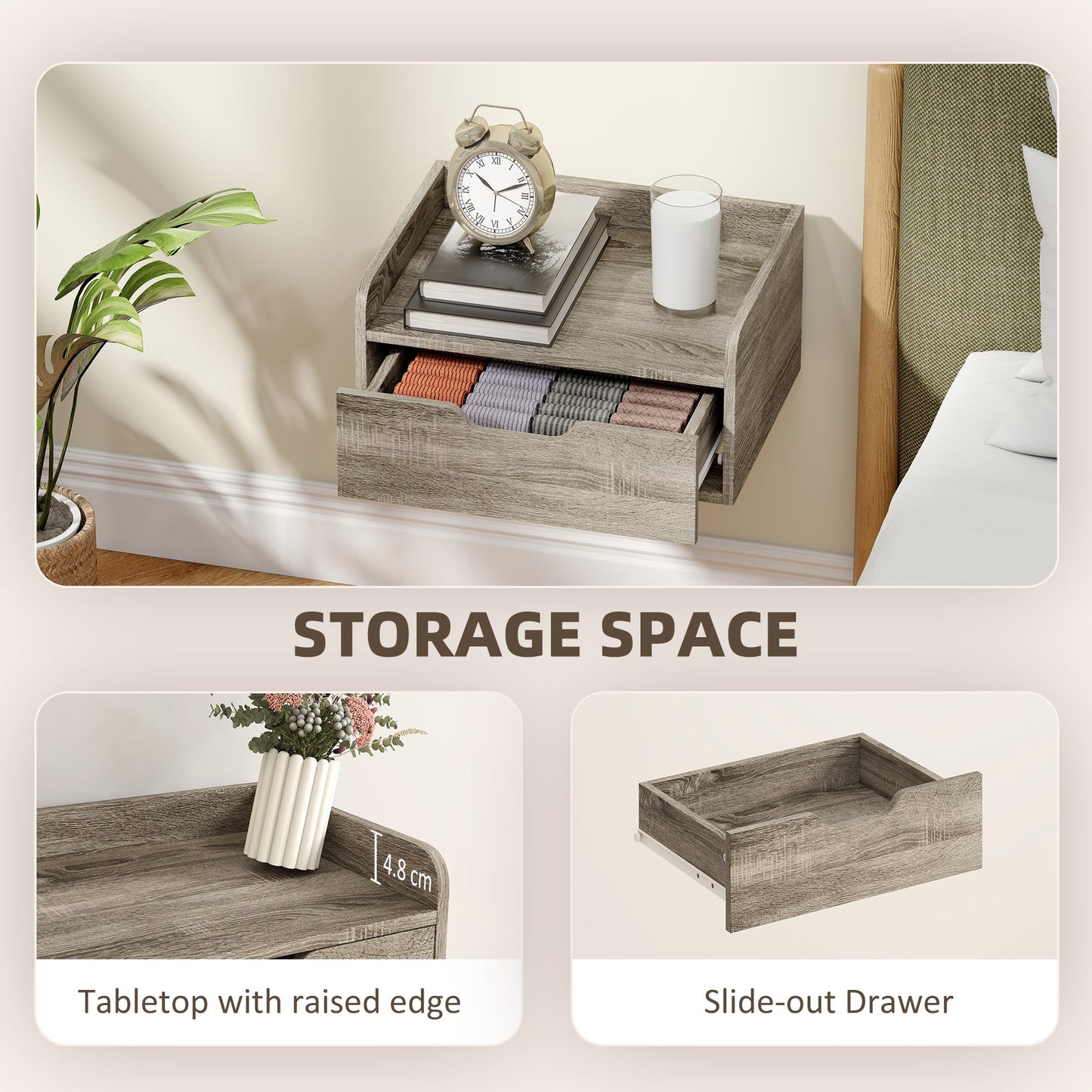Floating Nightstands Set of 2, Wall Mounted Bedside Table with Storage Drawer for Bedroom, Grey Wood Effect