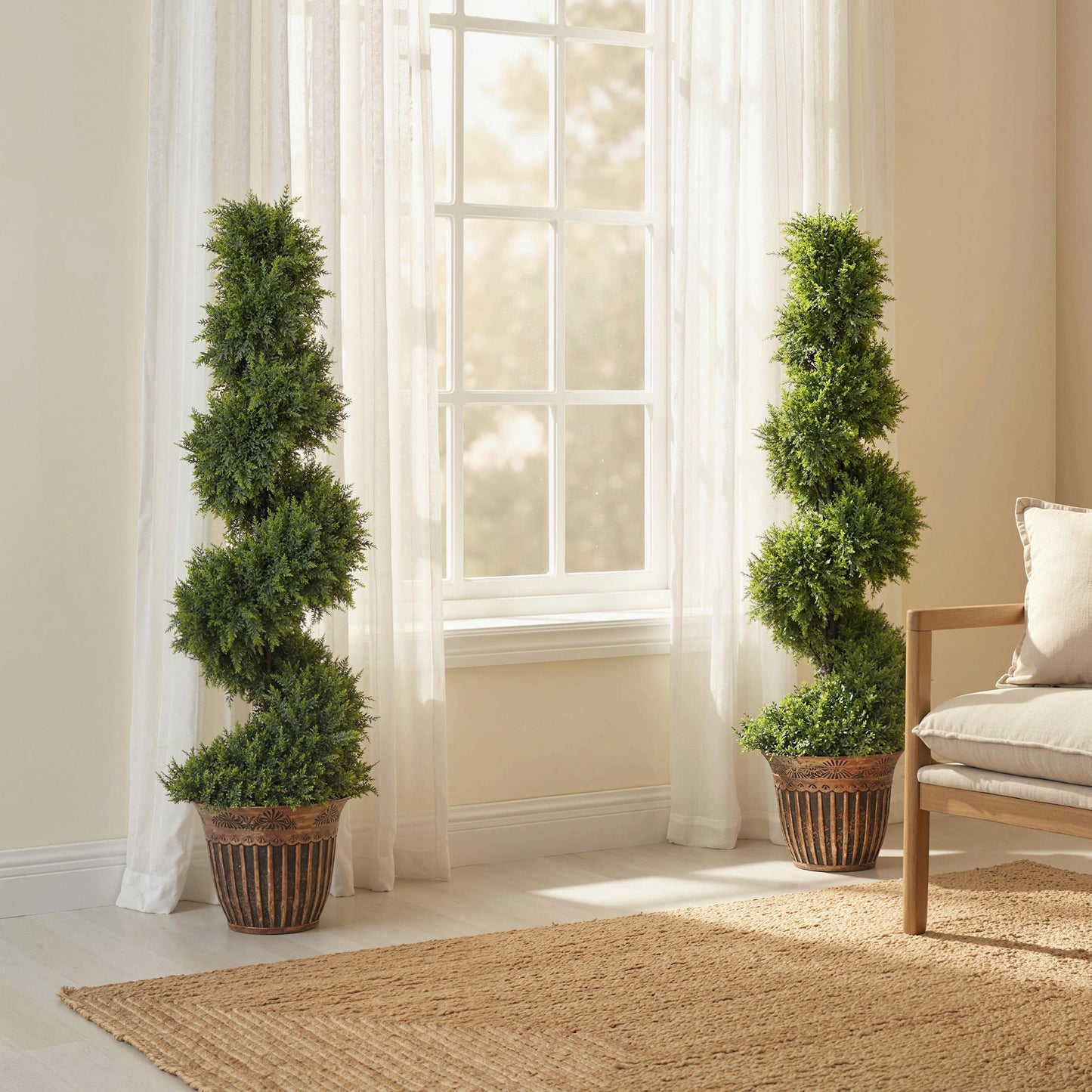 Set of 2 Decorative Artificial Plants Topiary Spiral Cypress Trees in Pot, Fake Plants for Home Indoor Outdoor Decor, 120cm, Green