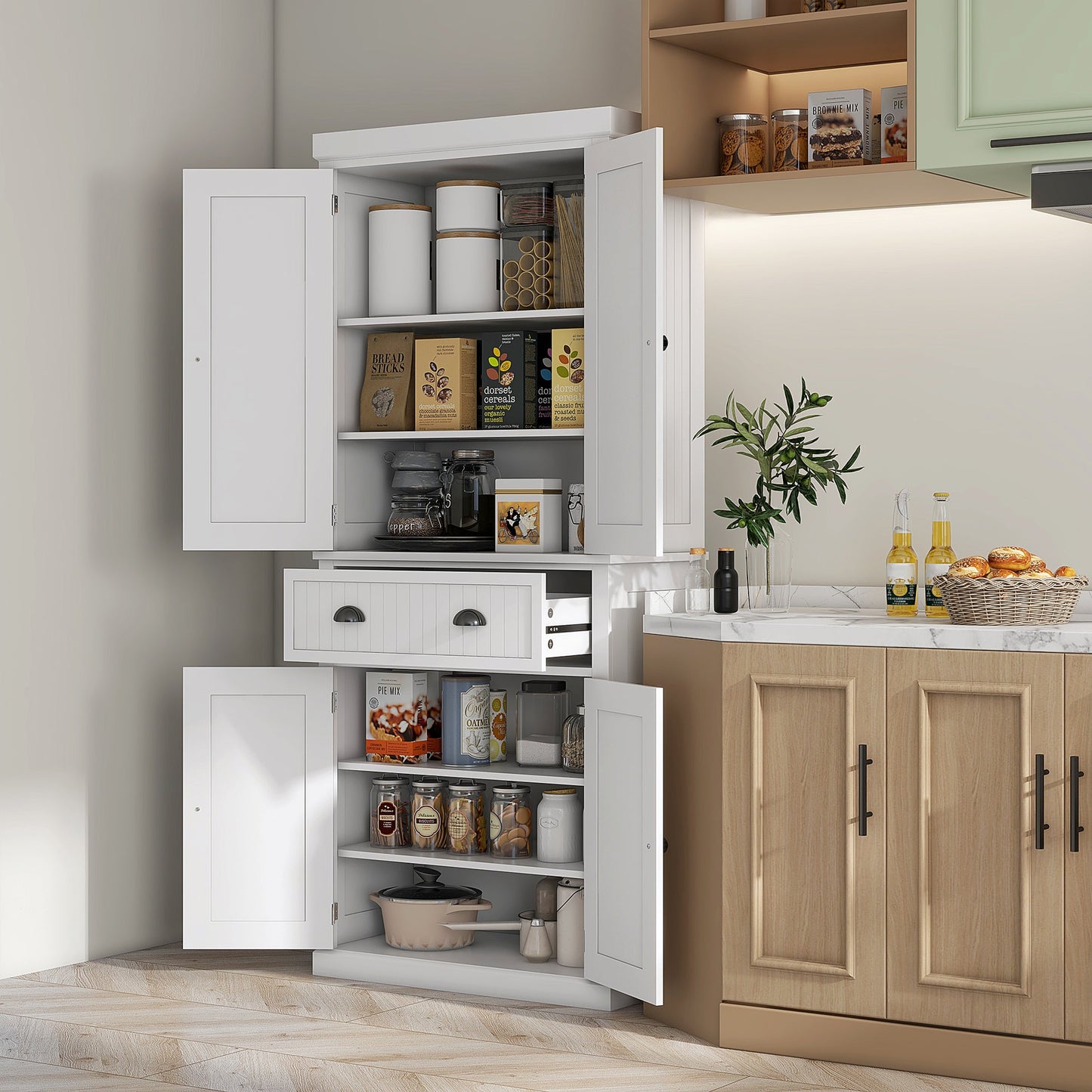 HOMCOM 183cm Freestanding Kitchen Cupboard, Tall Storage Cabinet with 4 Doors and 3 Adjustable Shelves, Traditional Kitchen Pantry Cupboard for Dining Room, White