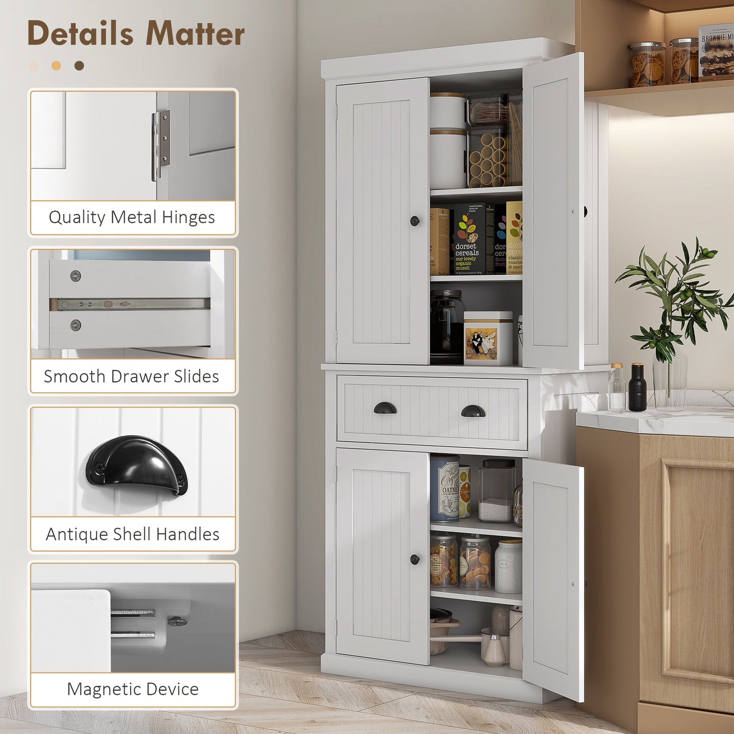 HOMCOM 183cm Freestanding Kitchen Cupboard, Tall Storage Cabinet with 4 Doors and 3 Adjustable Shelves, Traditional Kitchen Pantry Cupboard for Dining Room, White