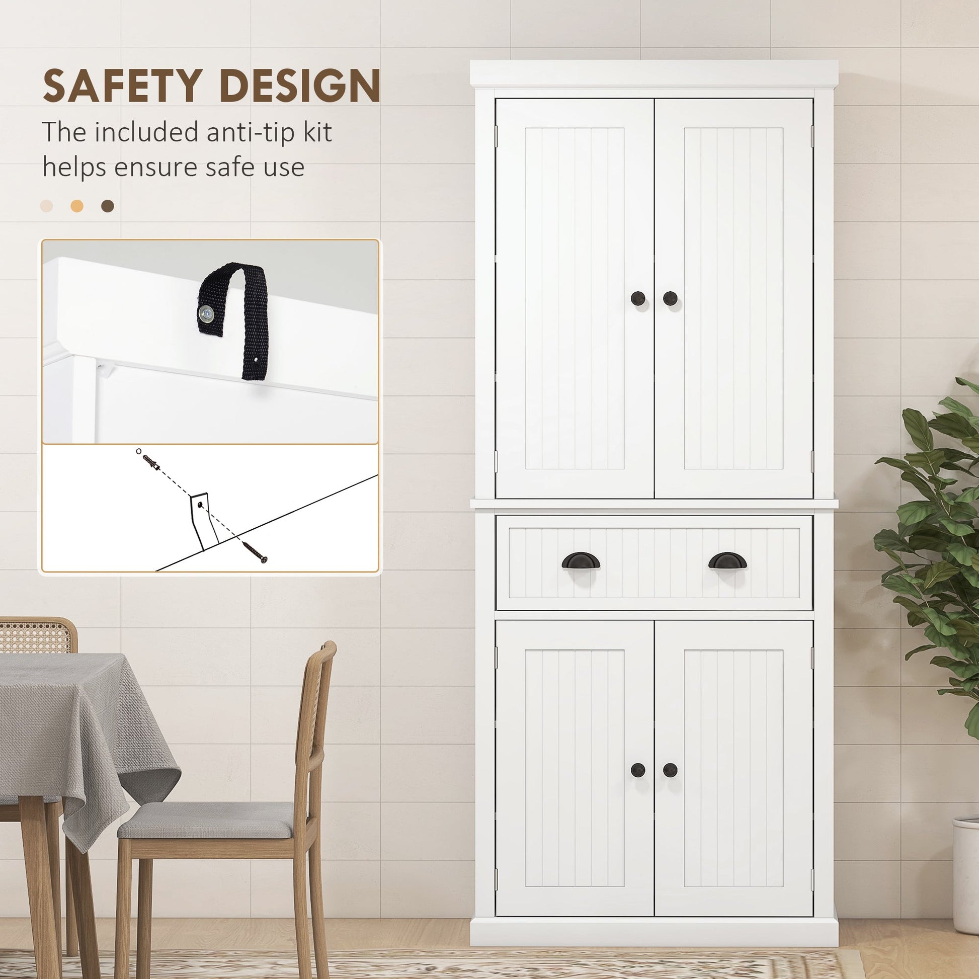 HOMCOM 183cm Freestanding Kitchen Cupboard, Tall Storage Cabinet with 4 Doors and 3 Adjustable Shelves, Traditional Kitchen Pantry Cupboard for Dining Room, White