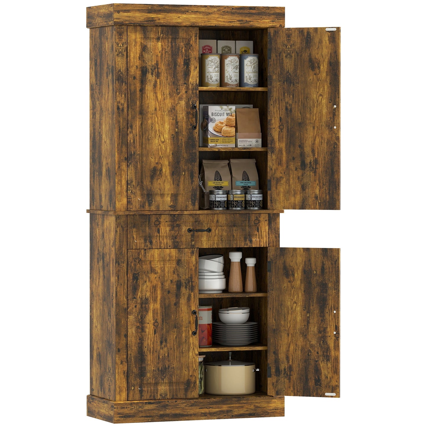 Kitchen Cupboard with 4 Doors, Freestanding Storage Cabinet with Wide Drawer and Shelves for Living Room, 180cm,Brown