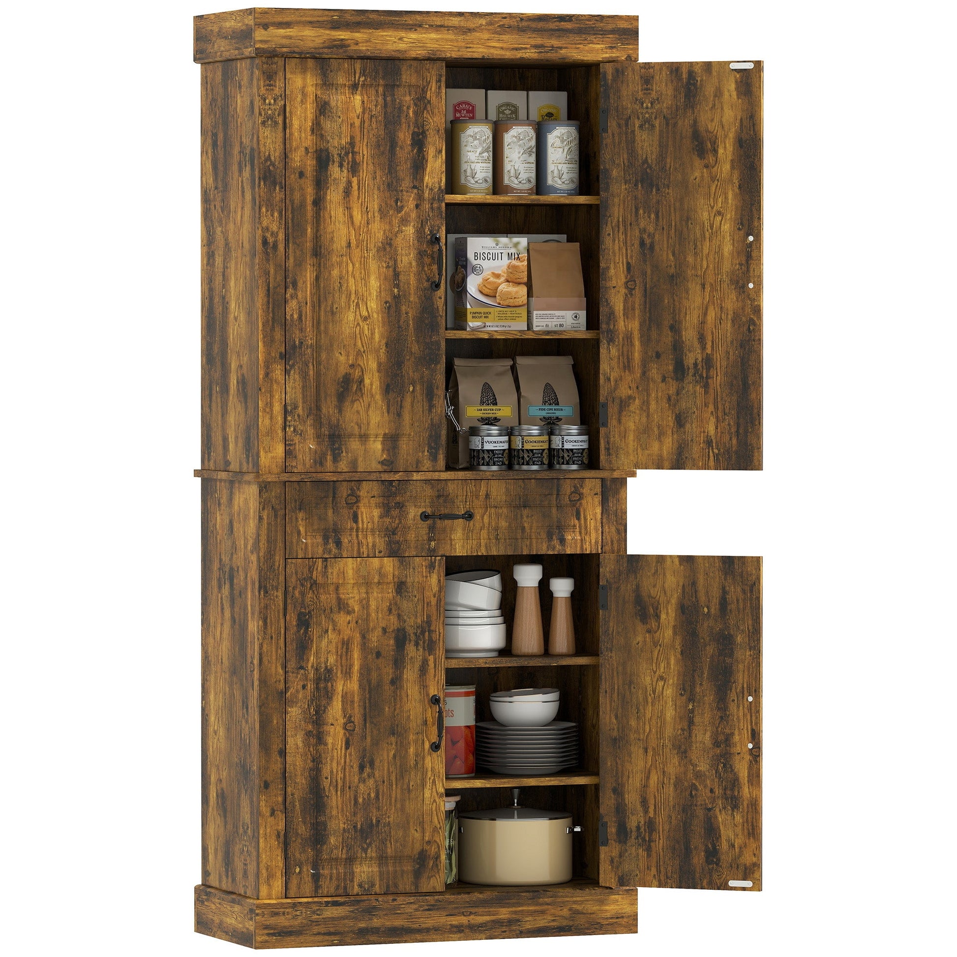 Kitchen Cupboard with 4 Doors, Freestanding Storage Cabinet with Wide Drawer and Shelves for Living Room, 180cm,Brown