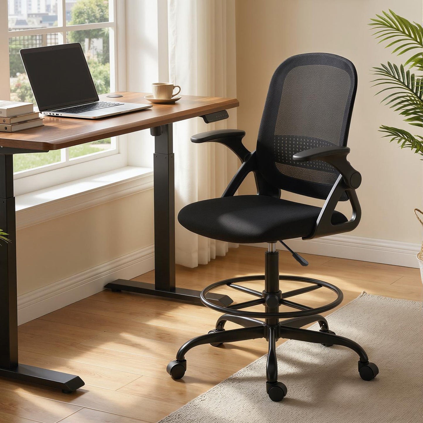 Drafting Chair, Mesh Standing Desk Chair with Flip-up Armrests, Adjustable Height and Footrest, Lumbar Support, Rolling Wheels for Home Office, Black