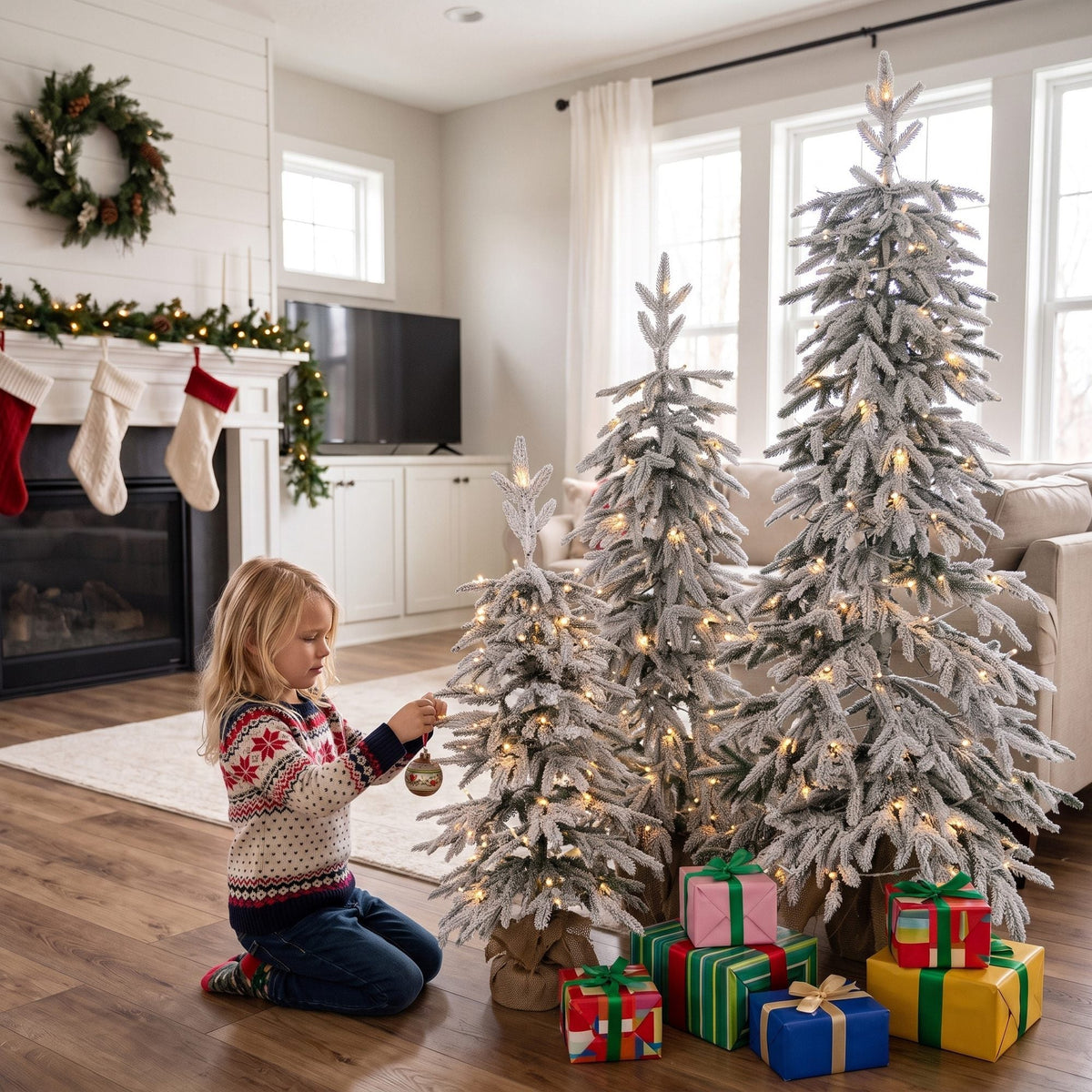 Prelit Flocked Artificial Christmas Tree Set of 3, Snowy Xmas Tree with PE Tips, Warm White LED Lights, 8 Modes, Space Saving Slim Pencil Xmas Decoration Tree 3FT+4FT+5FT