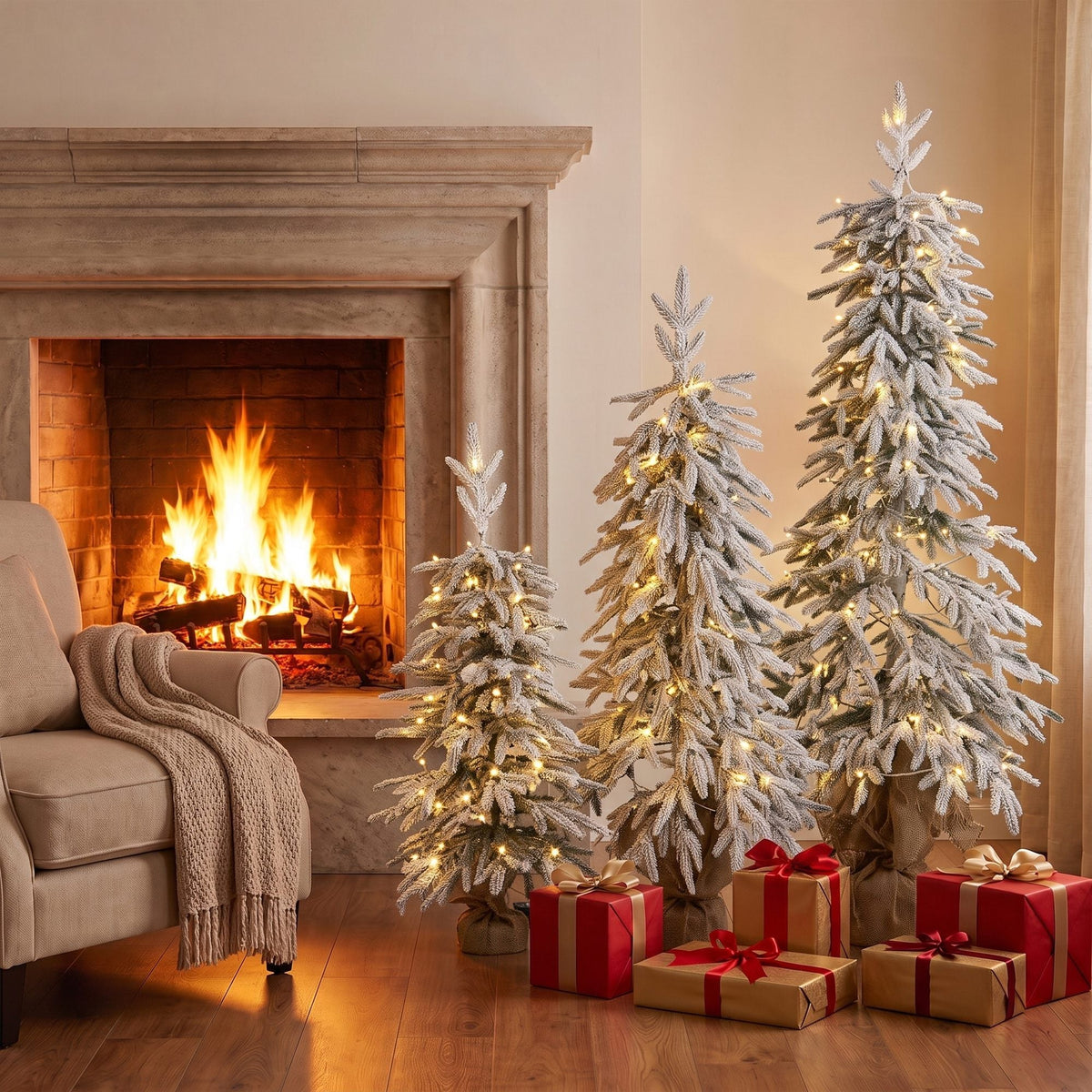 Prelit Flocked Artificial Christmas Tree Set of 3, Snowy Xmas Tree with PE Tips, Warm White LED Lights, 8 Modes, Space Saving Slim Pencil Xmas Decoration Tree 3FT+4FT+5FT