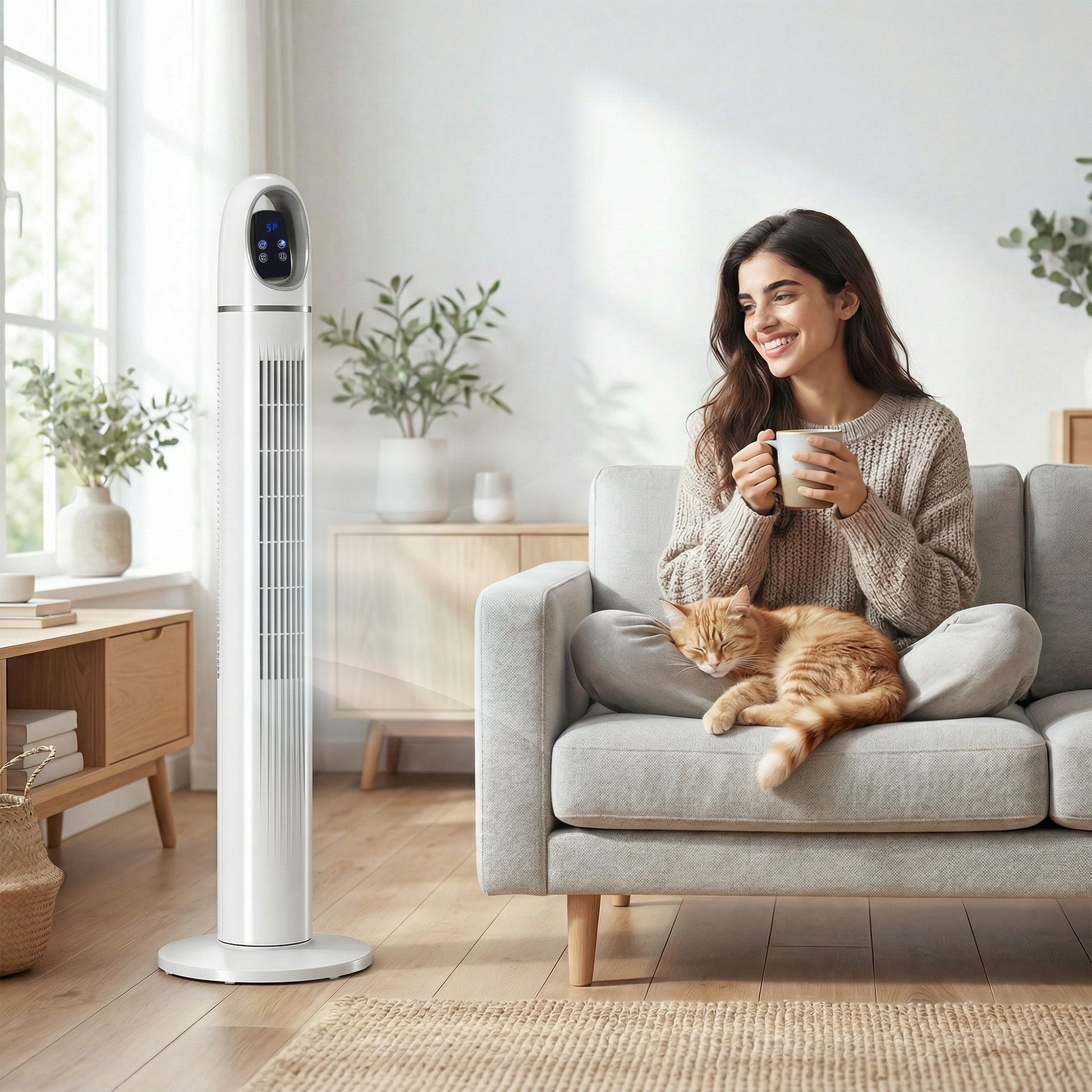 Tower Fan for Bedroom, Standing Floor Fan with 70° Oscillating, 3 Modes, 3 Speeds, 24 Hour Timer, LED Display and Remote Control, 44 inch, White