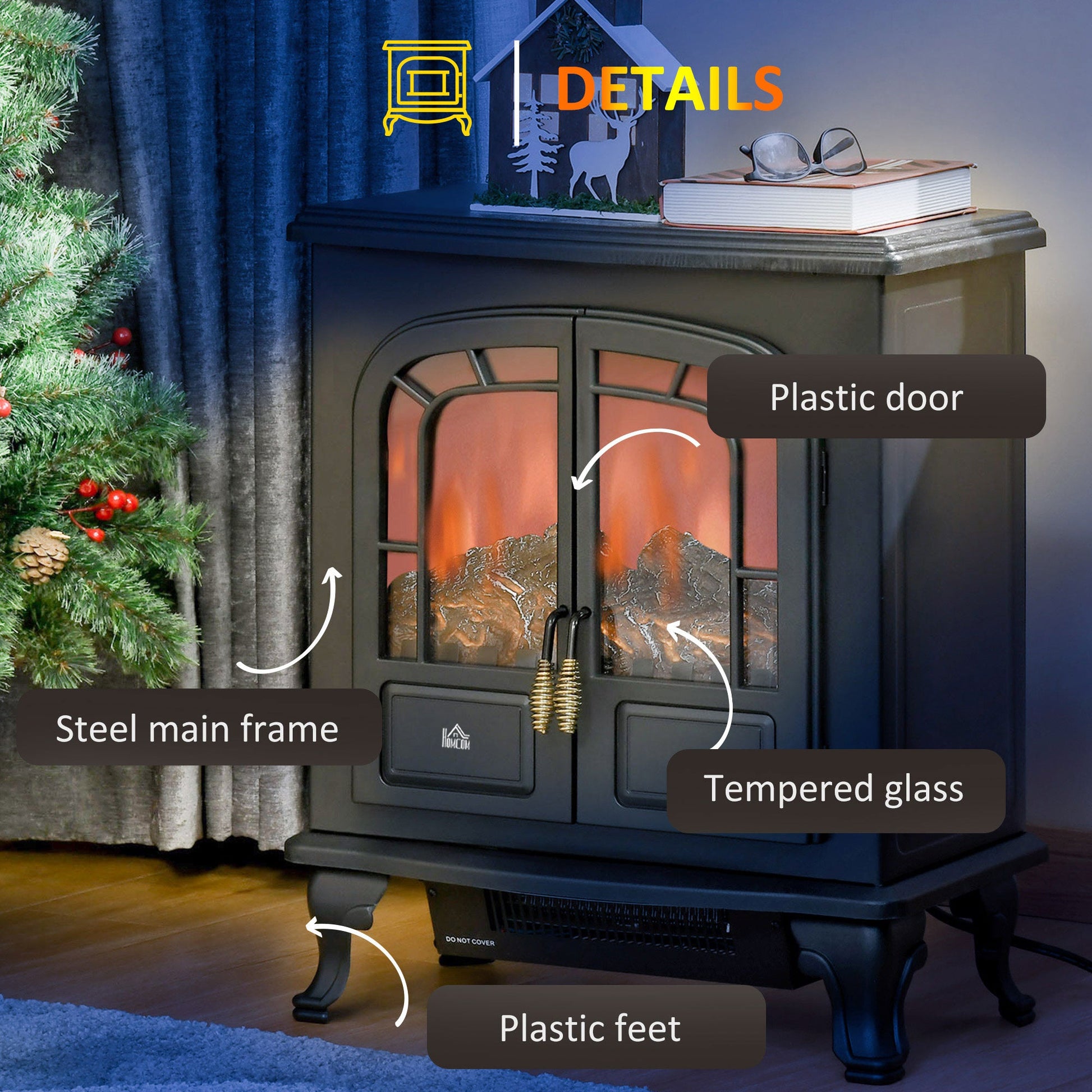 Electric Fireplace Stove Heater with LED Fire Flame Effect, Double Door, Freestanding & Portable with Overheat Protection, 1000W/2000W, Black
