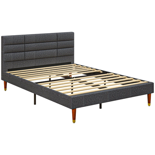 HOMCOM 4ft Double Bed Frame with Underbed Storage, Upholstered Platform Bed Frame with Tufted Headboard and Wood Slat Support, No Box Spring Needed, Easy Assembly, Grey