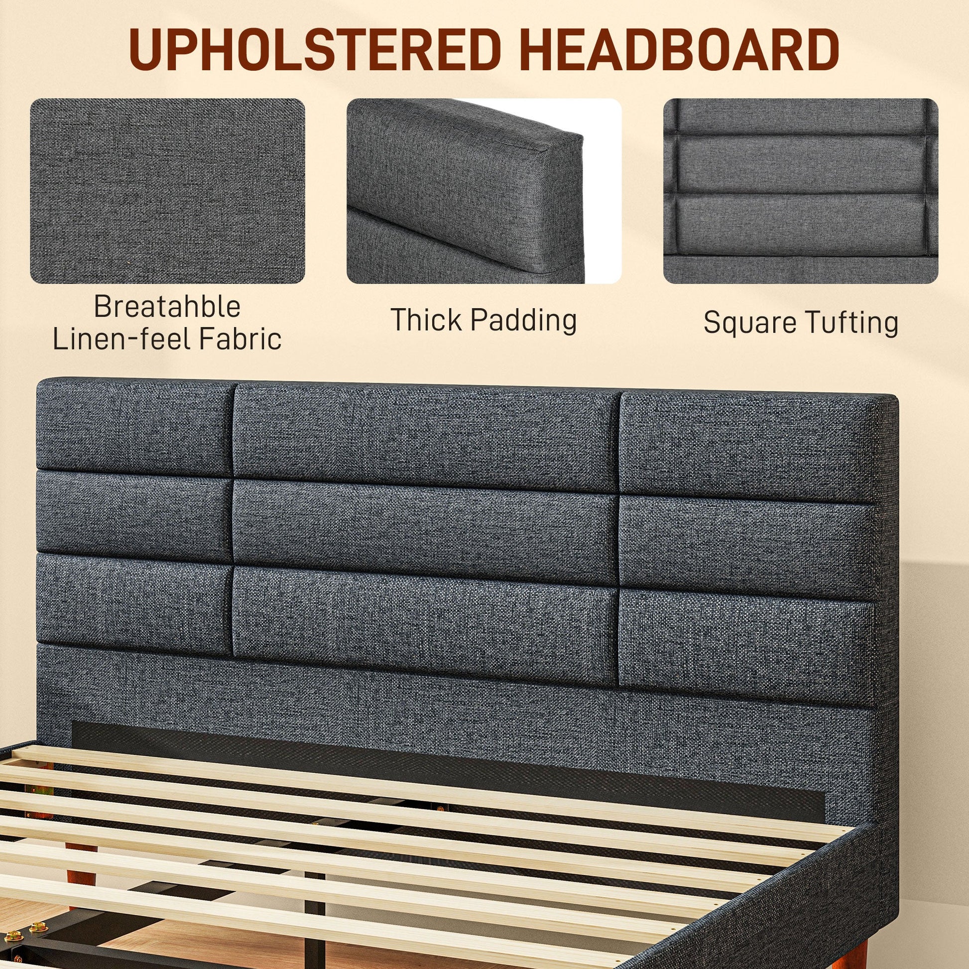HOMCOM 4ft Double Bed Frame with Underbed Storage, Upholstered Platform Bed Frame with Tufted Headboard and Wood Slat Support, No Box Spring Needed, Easy Assembly, Grey
