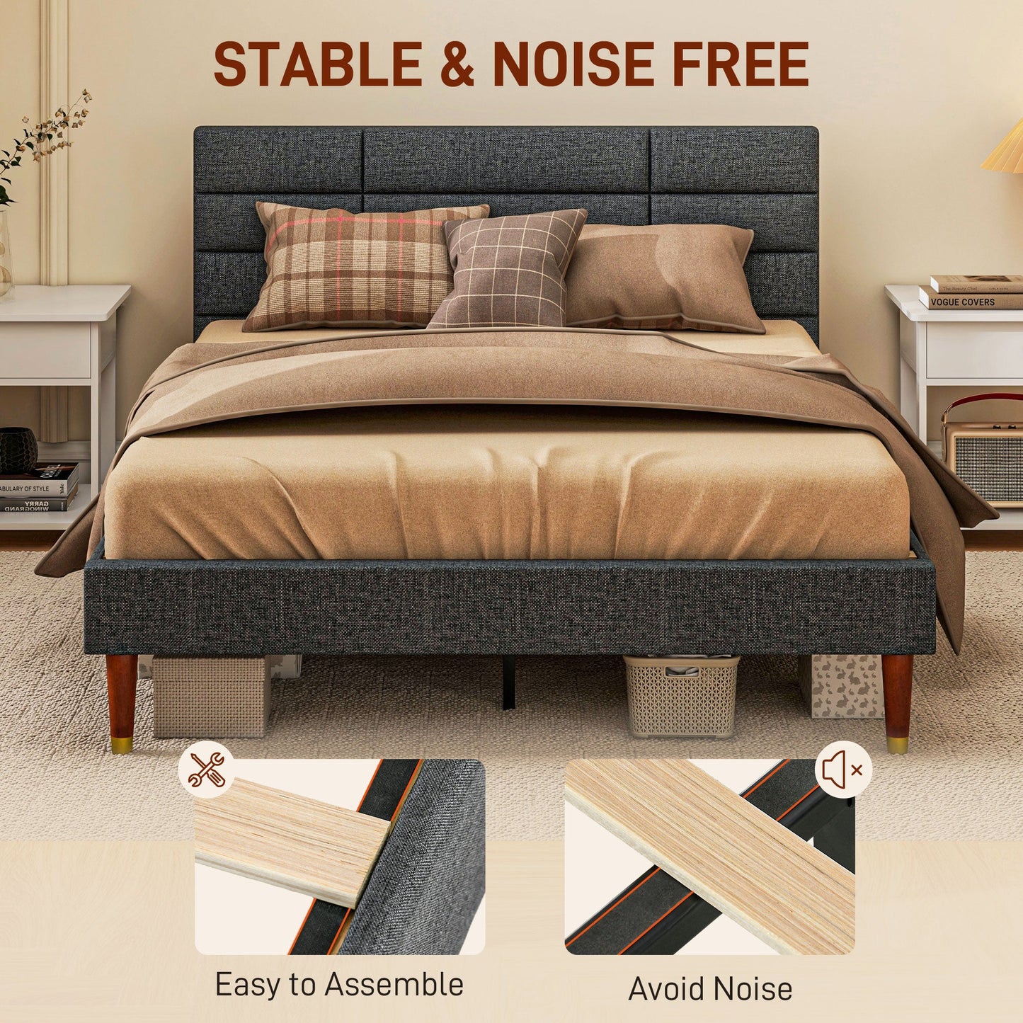 HOMCOM 4ft Double Bed Frame with Underbed Storage, Upholstered Platform Bed Frame with Tufted Headboard and Wood Slat Support, No Box Spring Needed, Easy Assembly, Grey