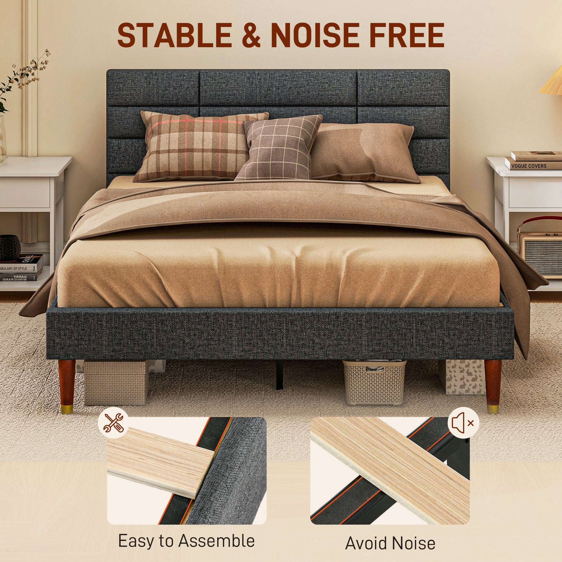 HOMCOM 4ft Double Bed Frame with Underbed Storage, Upholstered Platform Bed Frame with Tufted Headboard and Wood Slat Support, No Box Spring Needed, Easy Assembly, Grey