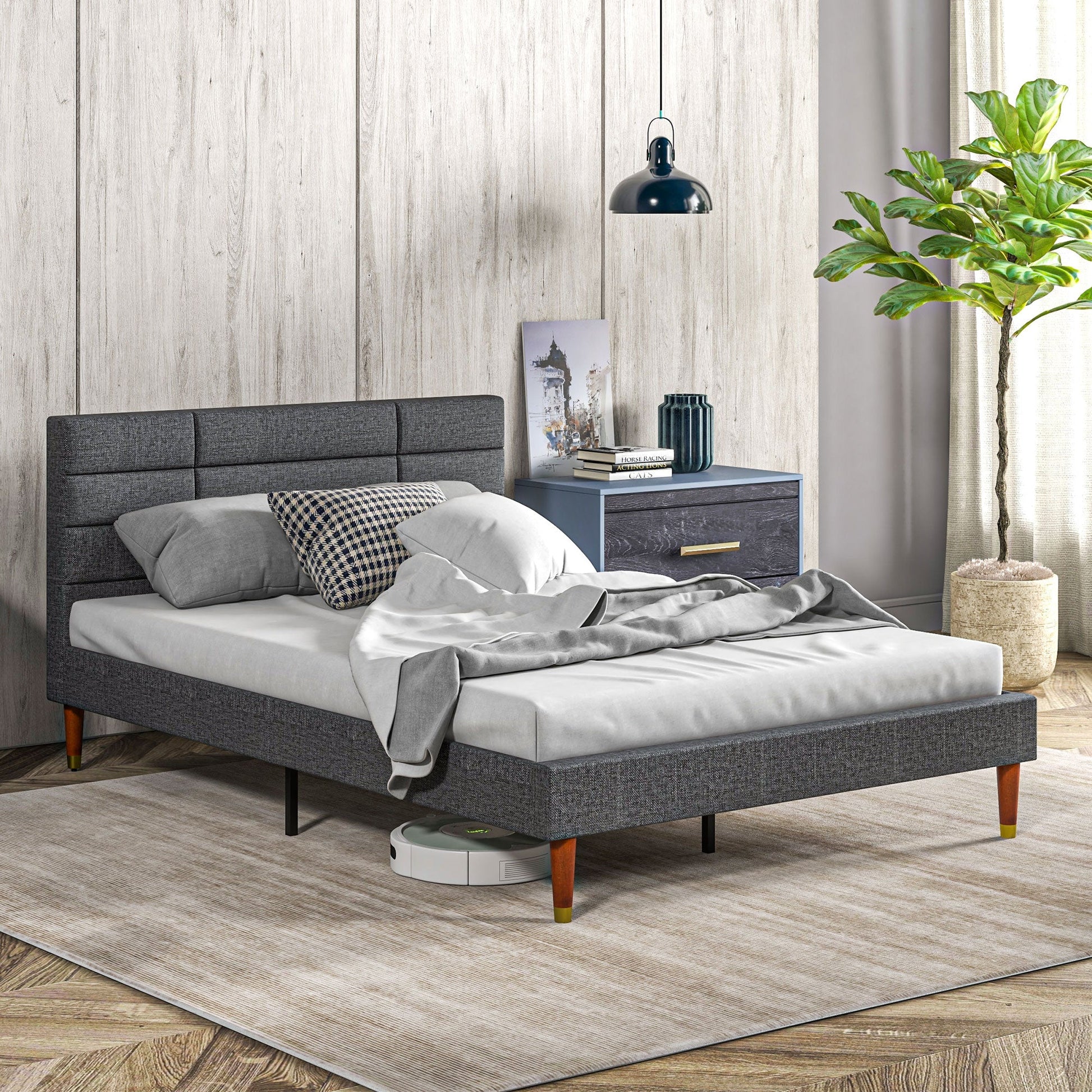 HOMCOM 4ft Double Bed Frame with Underbed Storage, Upholstered Platform Bed Frame with Tufted Headboard and Wood Slat Support, No Box Spring Needed, Easy Assembly, Grey