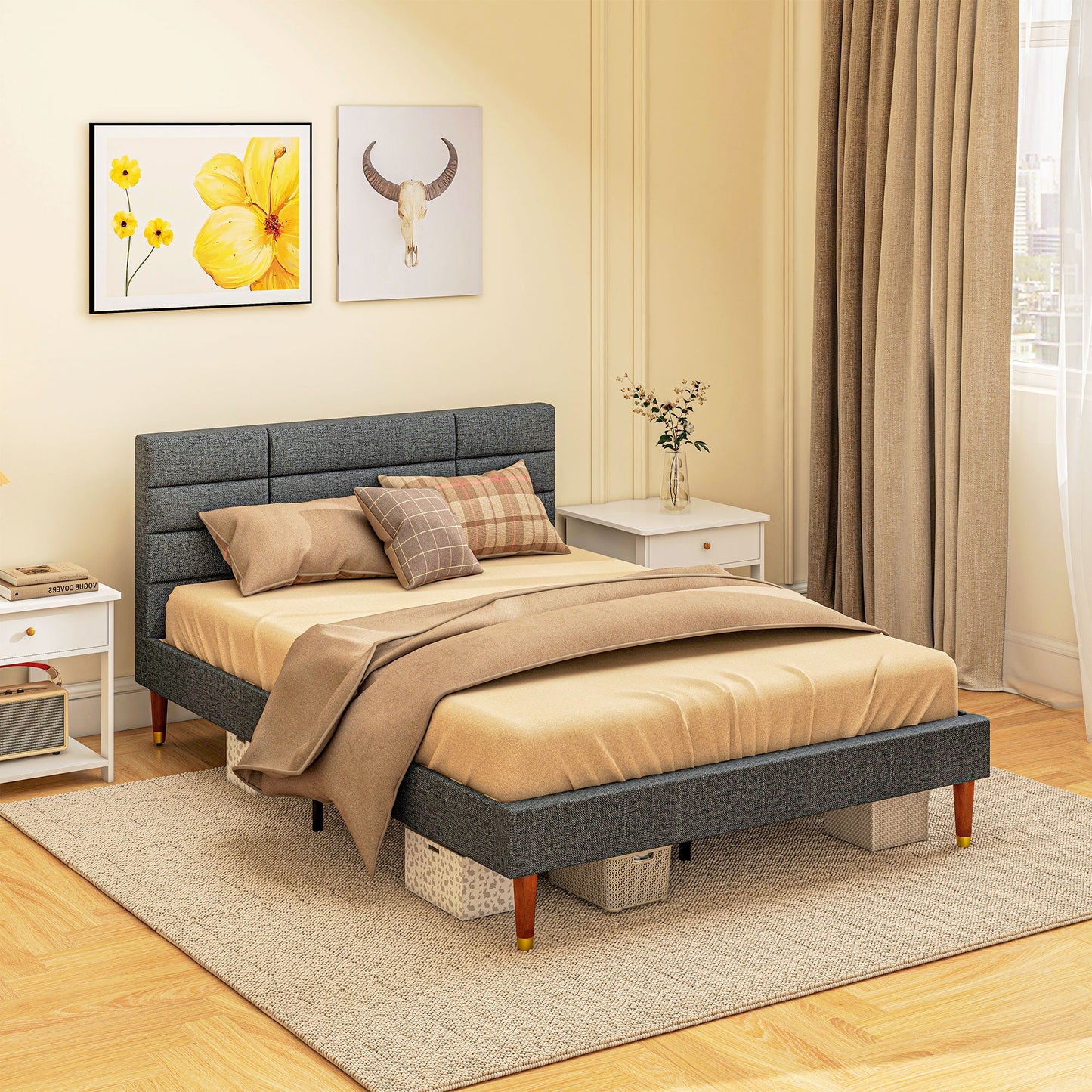 HOMCOM 4ft Double Bed Frame with Underbed Storage, Upholstered Platform Bed Frame with Tufted Headboard and Wood Slat Support, No Box Spring Needed, Easy Assembly, Grey