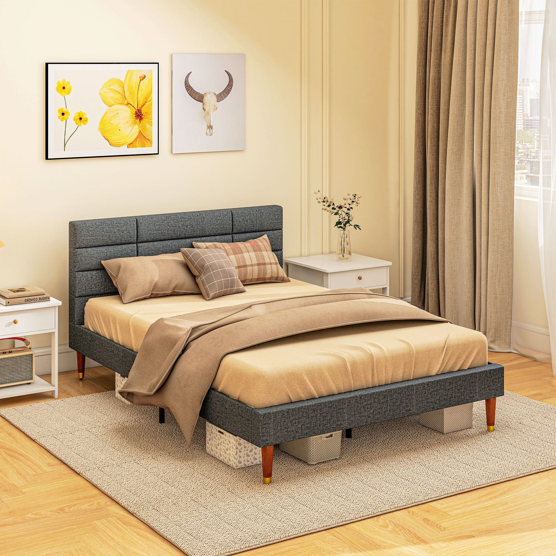 HOMCOM 4ft Double Bed Frame with Underbed Storage, Upholstered Platform Bed Frame with Tufted Headboard and Wood Slat Support, No Box Spring Needed, Easy Assembly, Grey