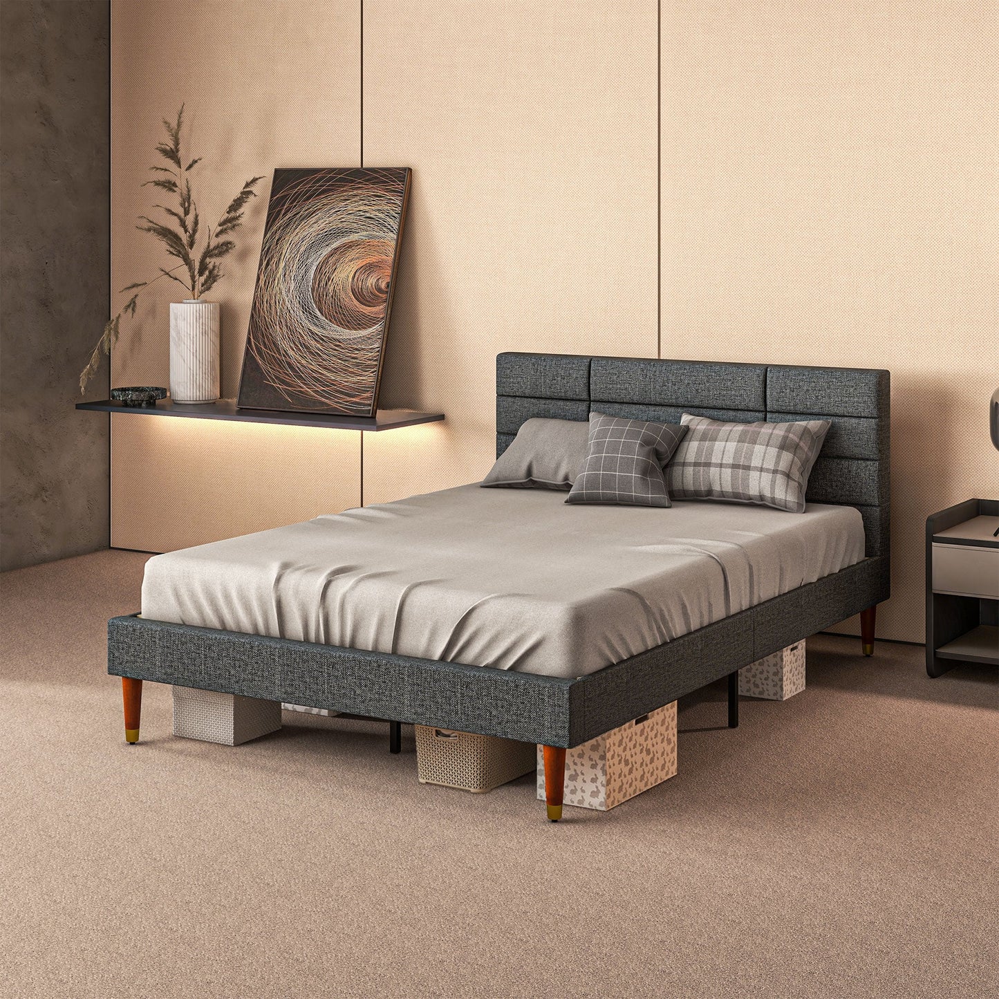 HOMCOM 4ft Double Bed Frame with Underbed Storage, Upholstered Platform Bed Frame with Tufted Headboard and Wood Slat Support, No Box Spring Needed, Easy Assembly, Grey