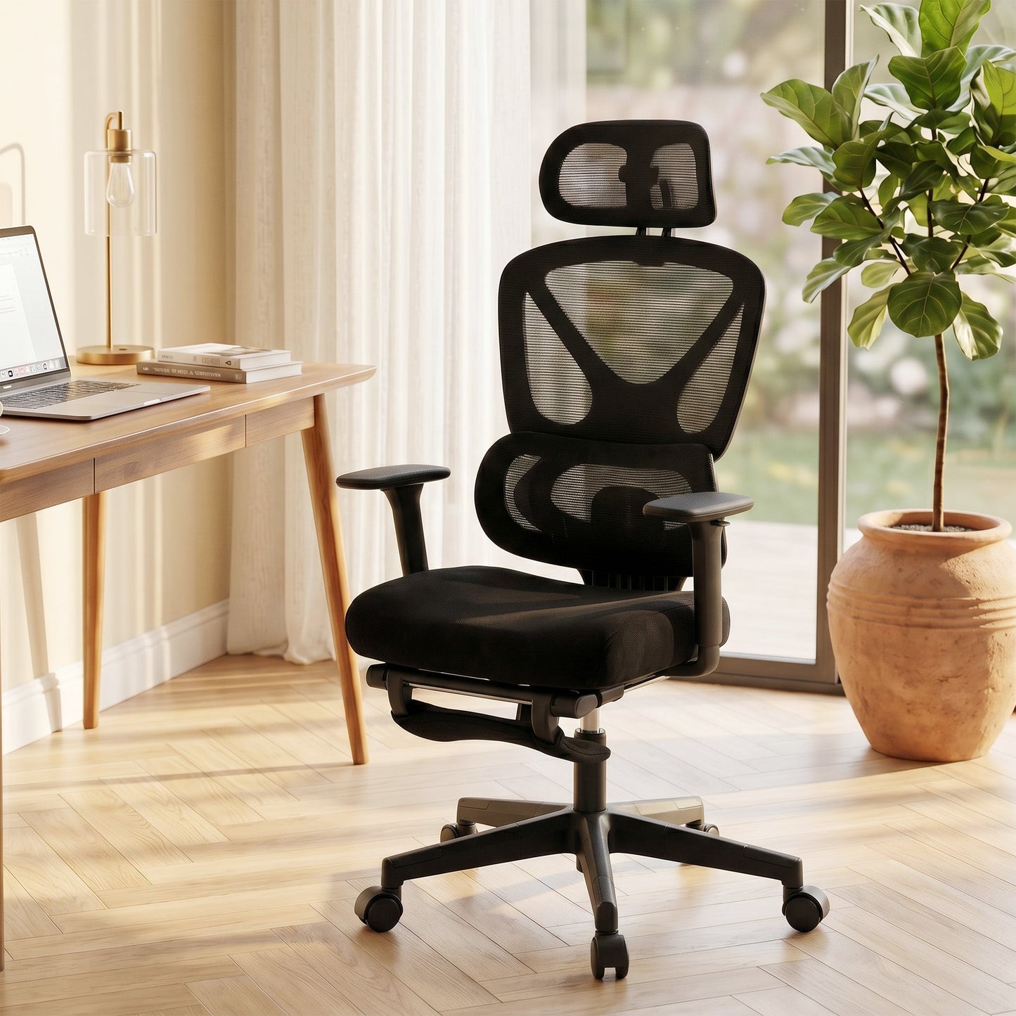 Ergonomic Office Chair, Mesh Desk Chair with 3D Armrests, Rotatable Headrest, Adjustable Lumbar Support, Coat Hanger, Recliner Computer Swivel Chair with Footrest for Home Office, Black