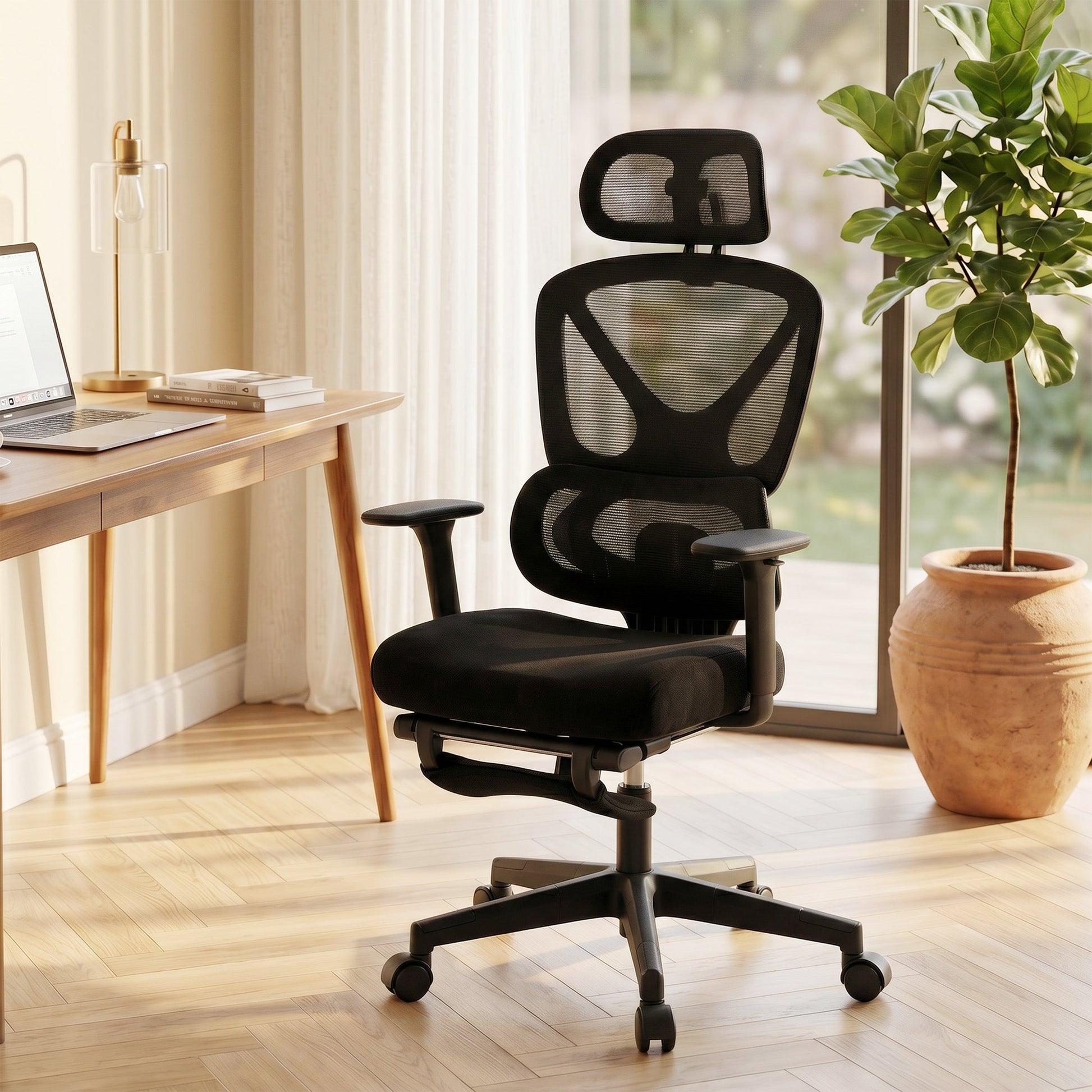 Ergonomic Office Chair, Mesh Desk Chair with 3D Armrests, Rotatable Headrest, Adjustable Lumbar Support, Coat Hanger, Recliner Computer Swivel Chair with Footrest for Home Office, Black