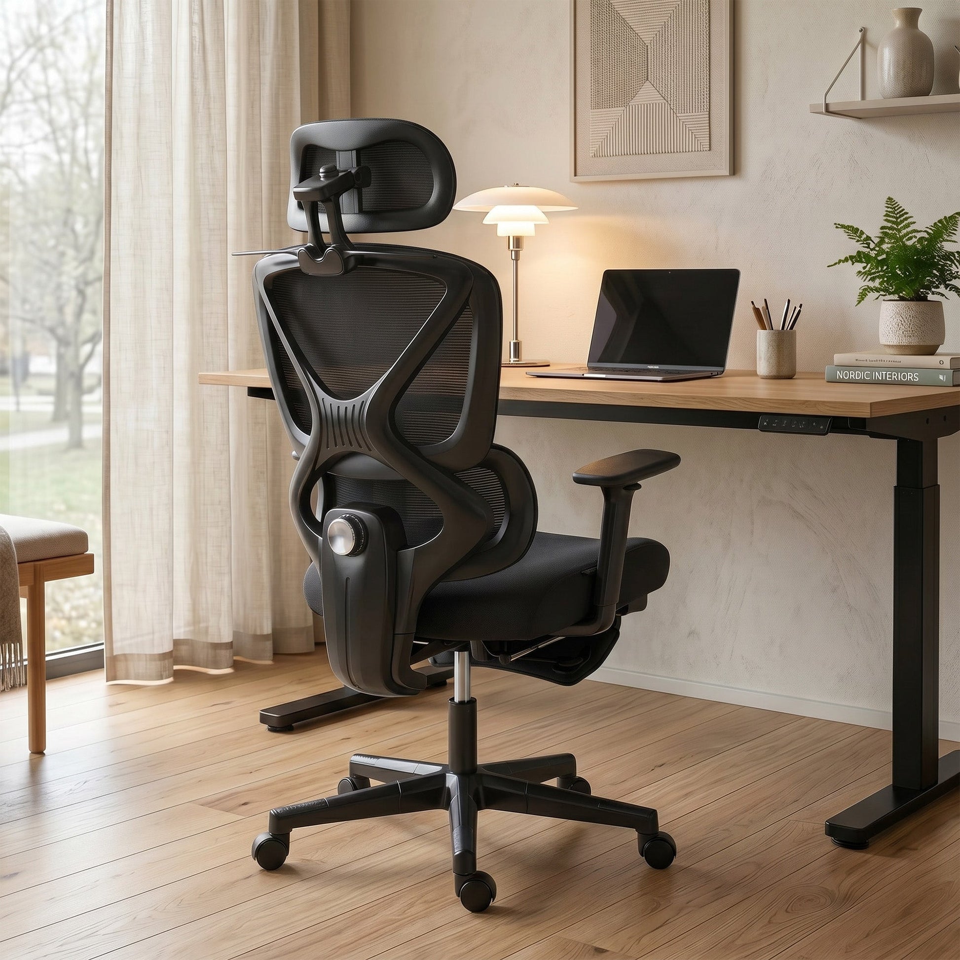 Ergonomic Office Chair, Mesh Desk Chair with 3D Armrests, Rotatable Headrest, Adjustable Lumbar Support, Coat Hanger, Recliner Computer Swivel Chair with Footrest for Home Office, Black