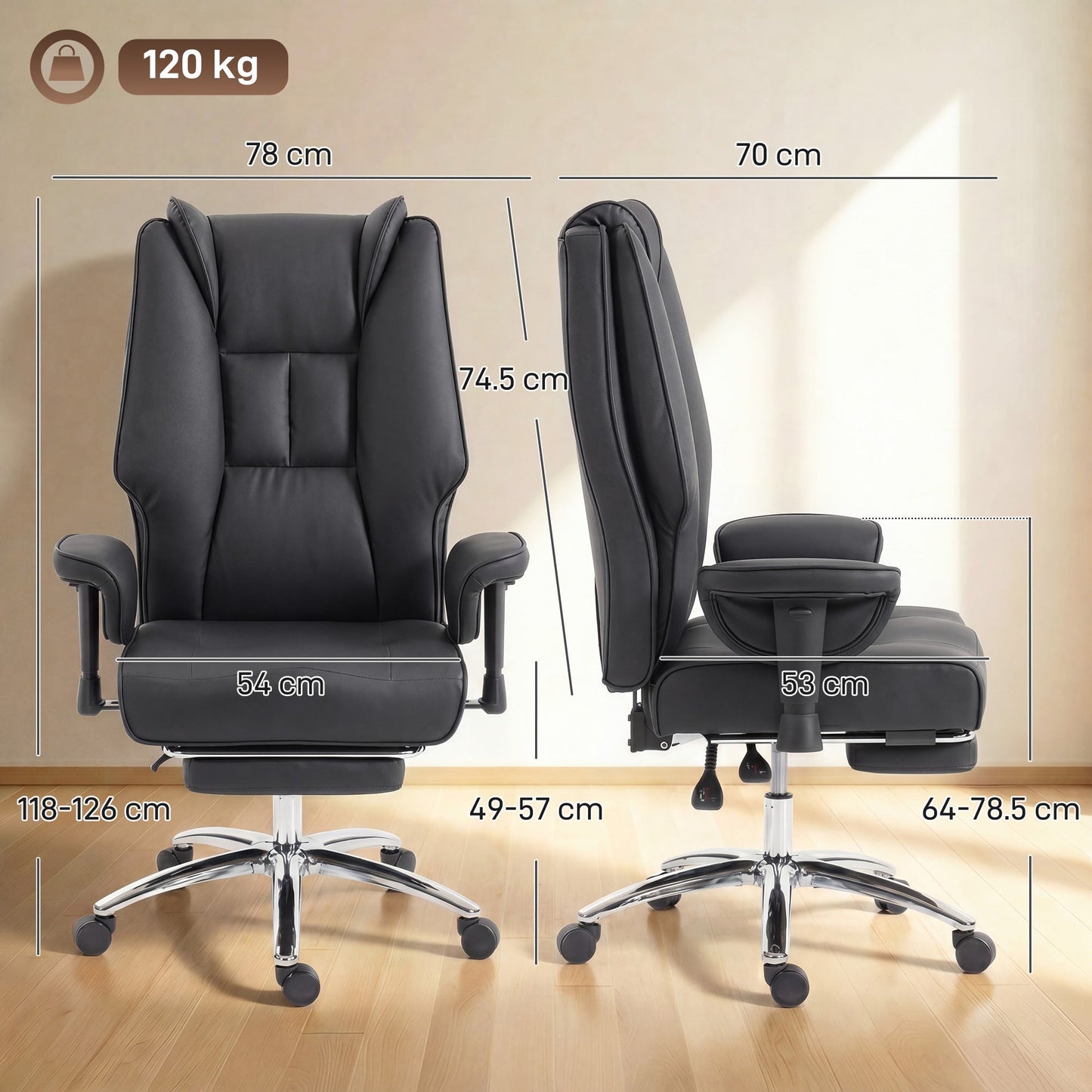 Executive Office Chair, Ergonomic Reclining Computer Desk Chair with Footrest, Adjustable Armrests, Spring Seat, High Back, Thick Cushion, Pet Friendly Faux Leather, Swivel, Black
