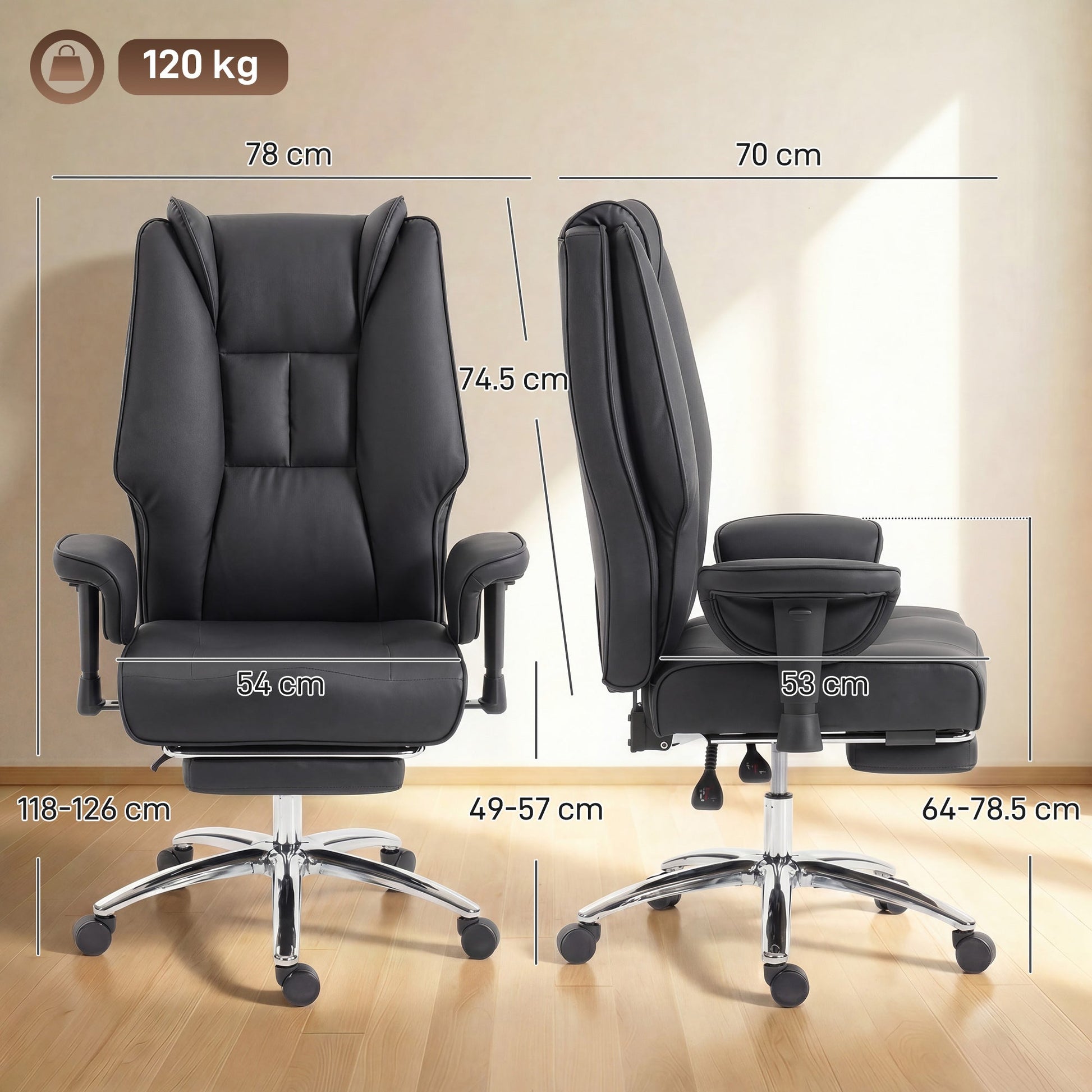 Executive Office Chair, Ergonomic Reclining Computer Desk Chair with Footrest, Adjustable Armrests, Spring Seat, High Back, Thick Cushion, Pet Friendly Faux Leather, Swivel, Black