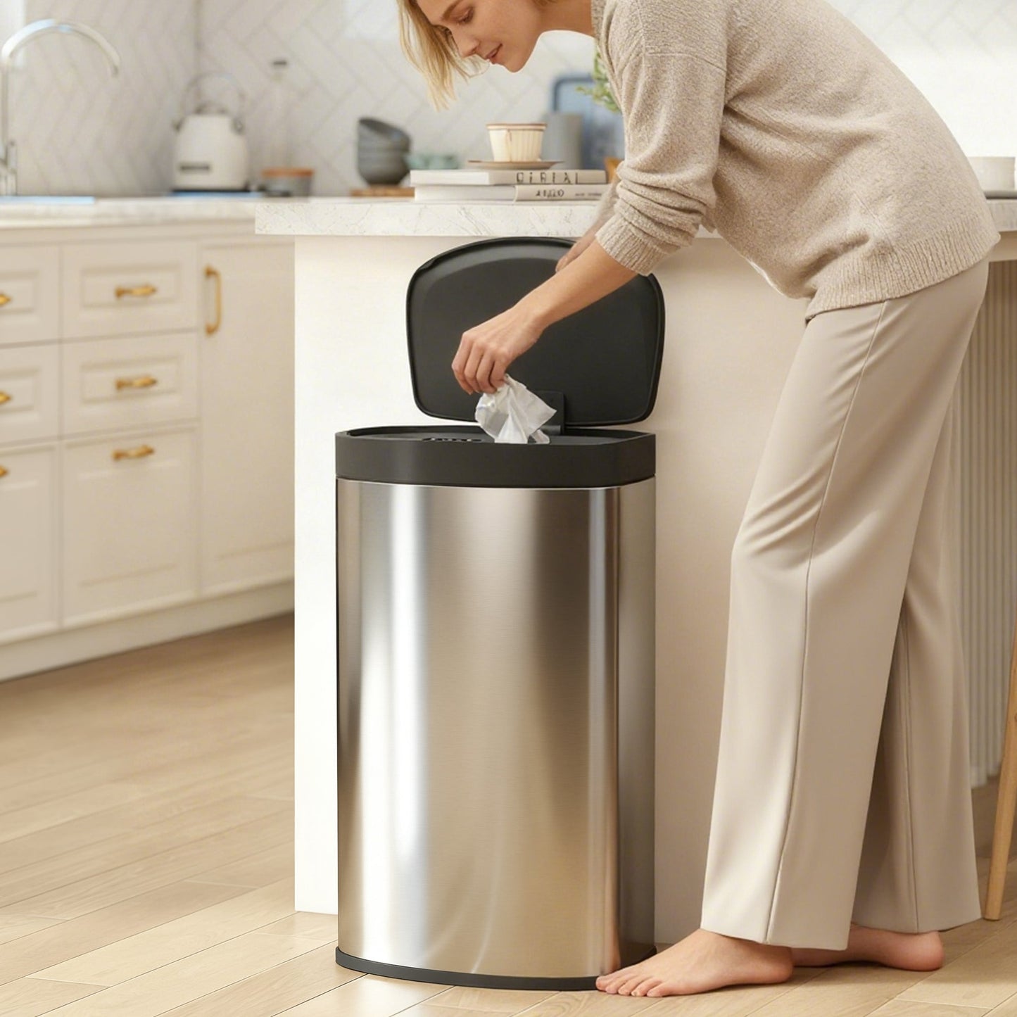 55L Sensor Bin with Soft-Close Lid, Automatic Touchless Motion Sensor Kitchen Bin with Fingerprint Resistant Stainless Steel for Hygienic Gyms, Home Office Use, Silver Tone