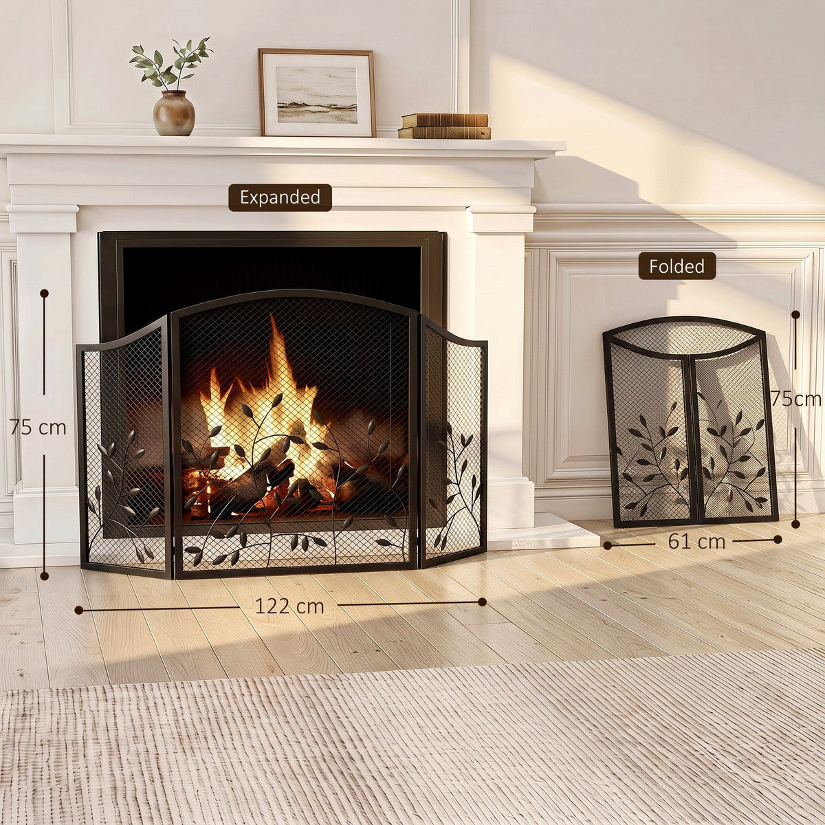 3-Panel Folding Fireplace Screen with Spark Guard for Hearth Protection, Heat-Resistant Metal Fire Screen, 122 x 1 x 75 cm, Black