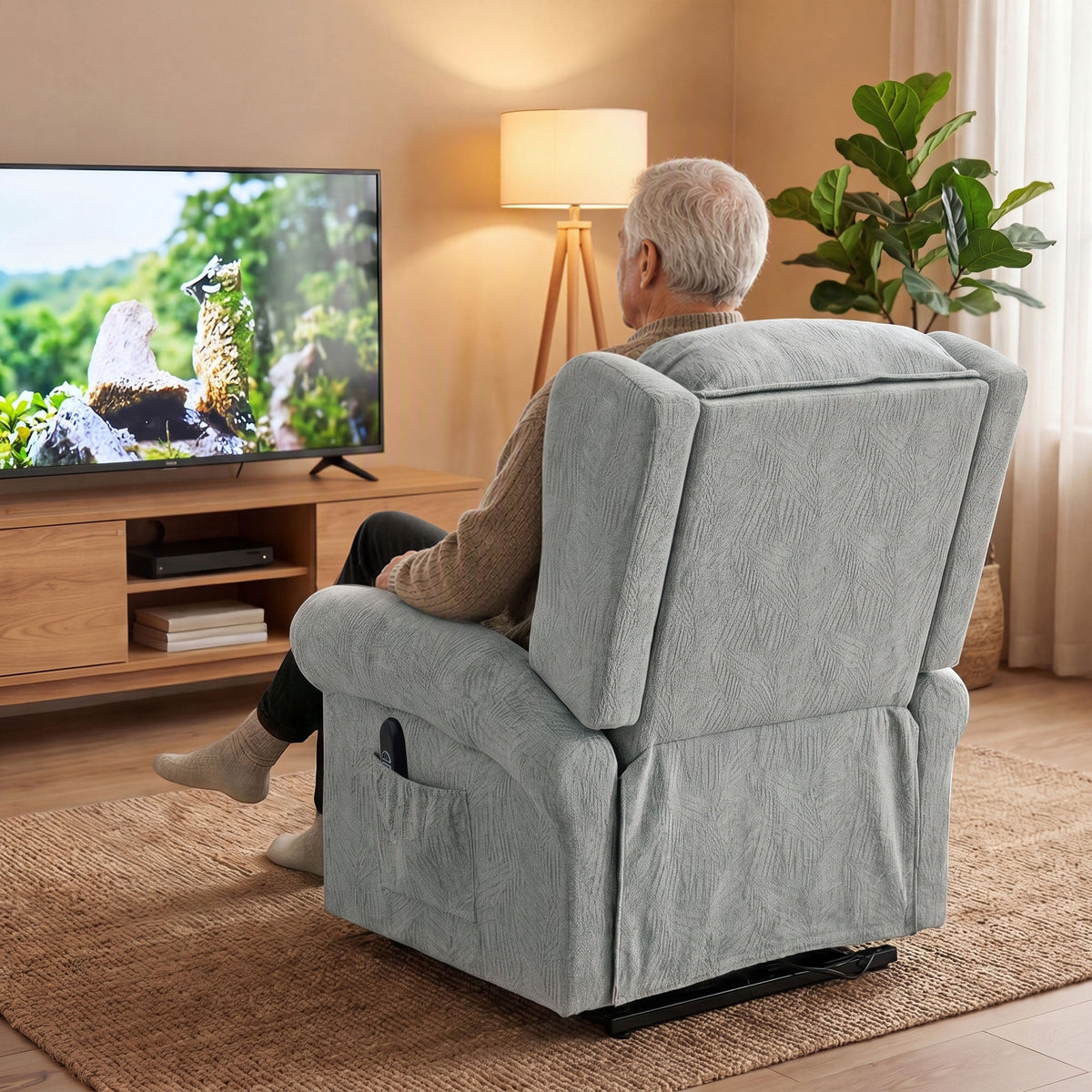Riser Recliner Chair for Elderly, Velvet Electric Power Lift Chair with Layered Padded Backrest, Spring Cushion, Wide Seat, USB Port, Remote, Side Pockets, Lift Armchair for Living Room, Grey