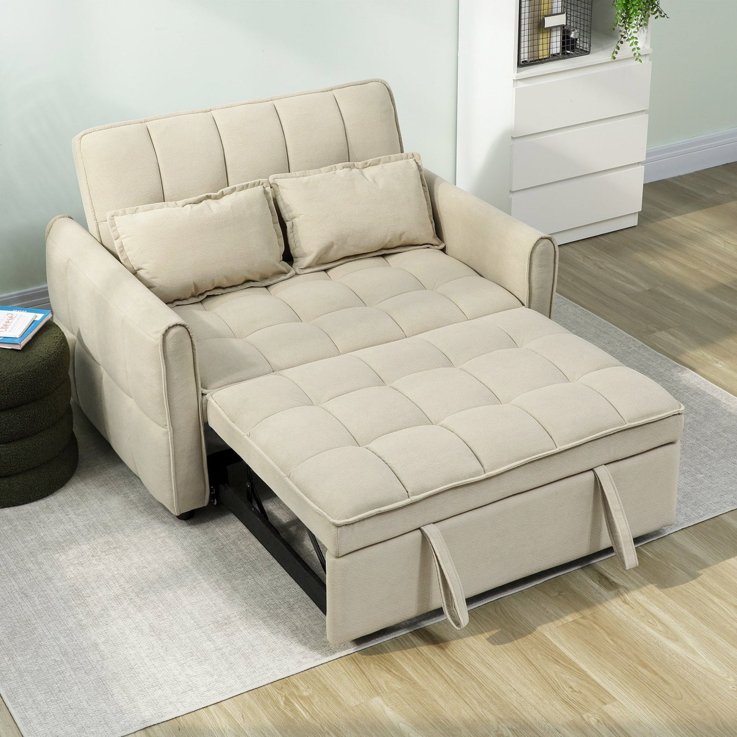 2 Seater Sofa Bed, 3-in-1 Convertible Sleeper Sofa with Click-clack Adjustable Backrest and 2 Pillows, Pull Out Corn Velvet-feel Fabric Bed Settee for Living Room, Guest Room, Light Brown