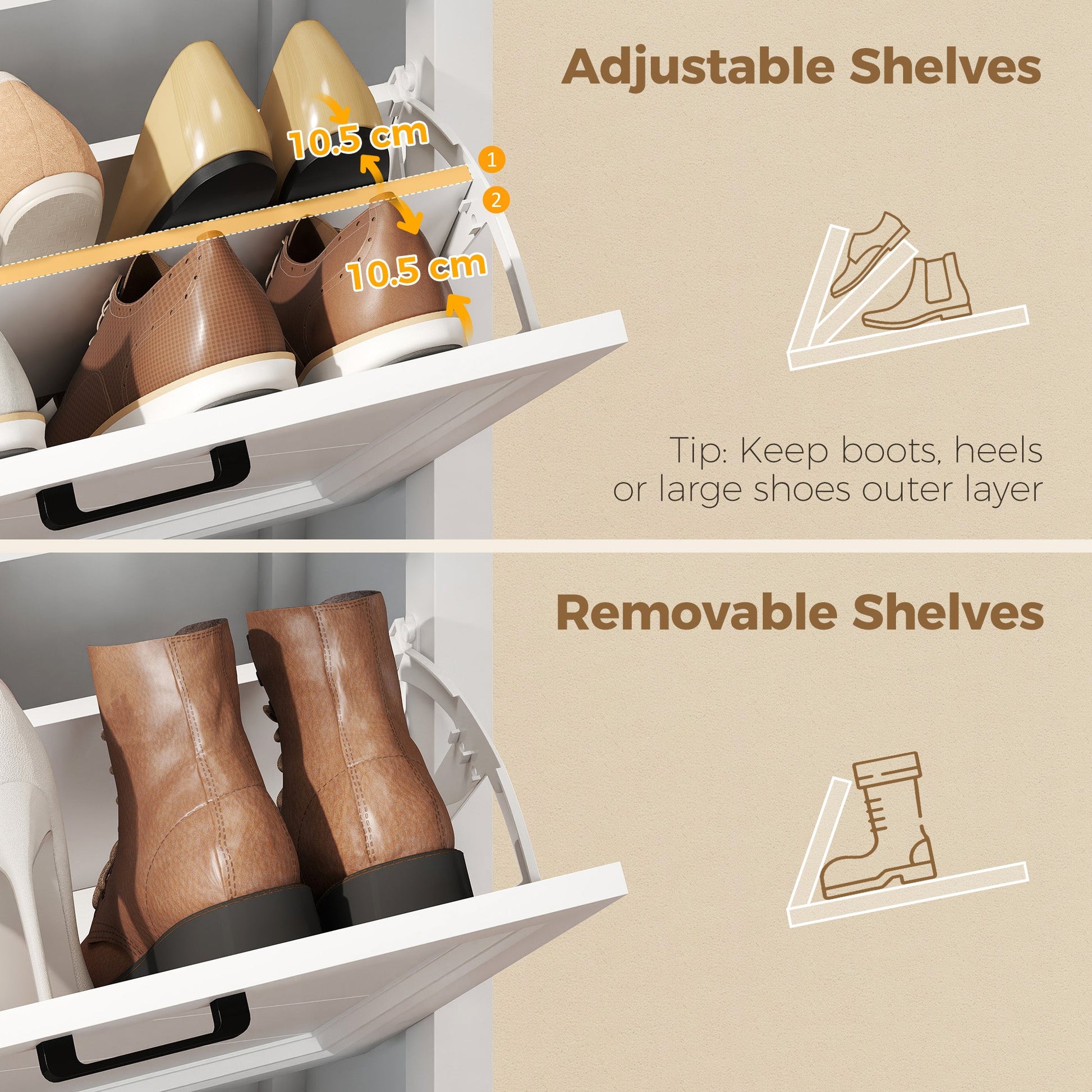 Shoe Cabinet with 2 Flip Drawers, Farmhouse Narrow Shoe Storage Cabinet with Adjustable Shelves, Storage Drawer, Freestanding for Entryway, Hallway, Living Room, Holds 8-12 Pairs, White