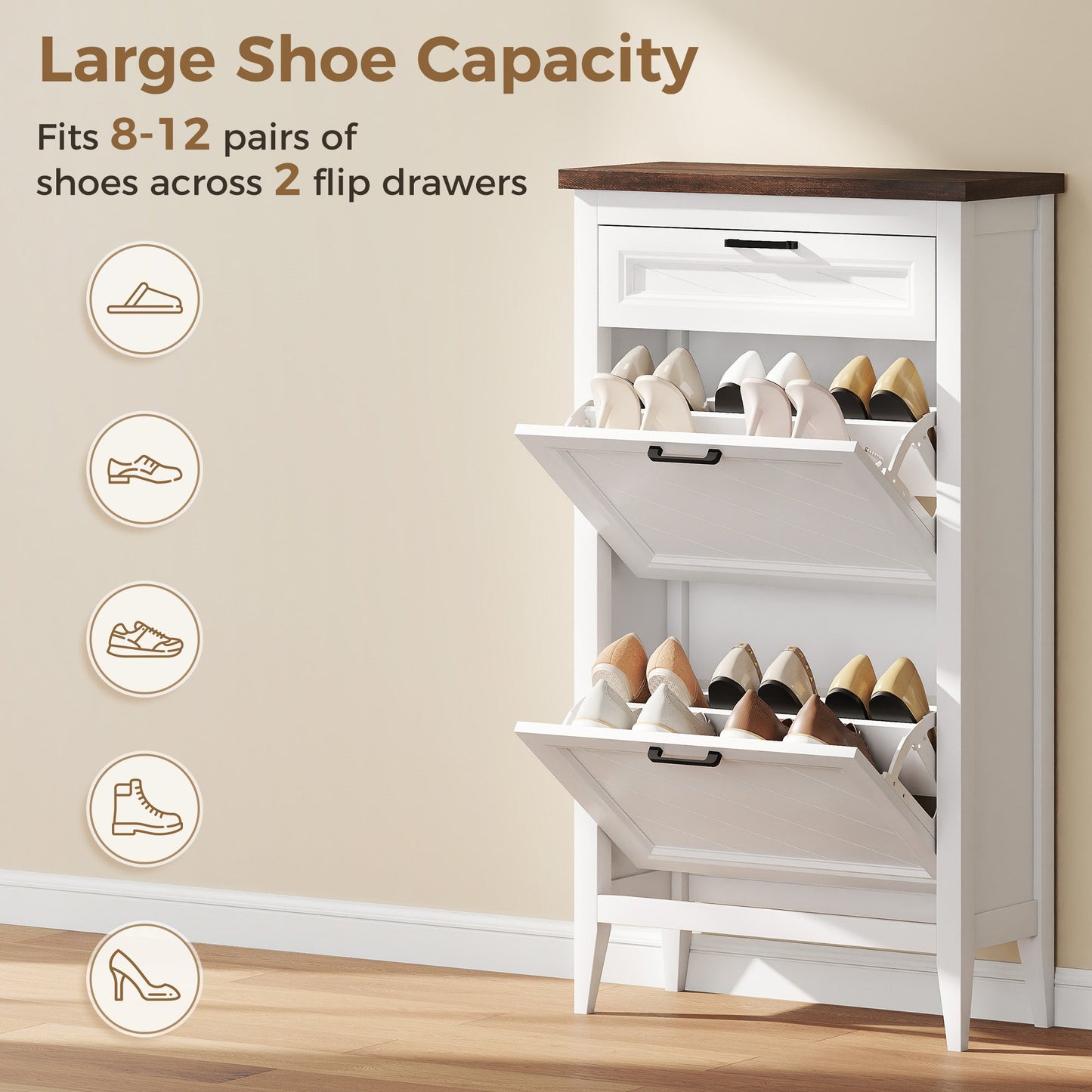 Shoe Cabinet with 2 Flip Drawers, Farmhouse Narrow Shoe Storage Cabinet with Adjustable Shelves, Storage Drawer, Freestanding for Entryway, Hallway, Living Room, Holds 8-12 Pairs, White