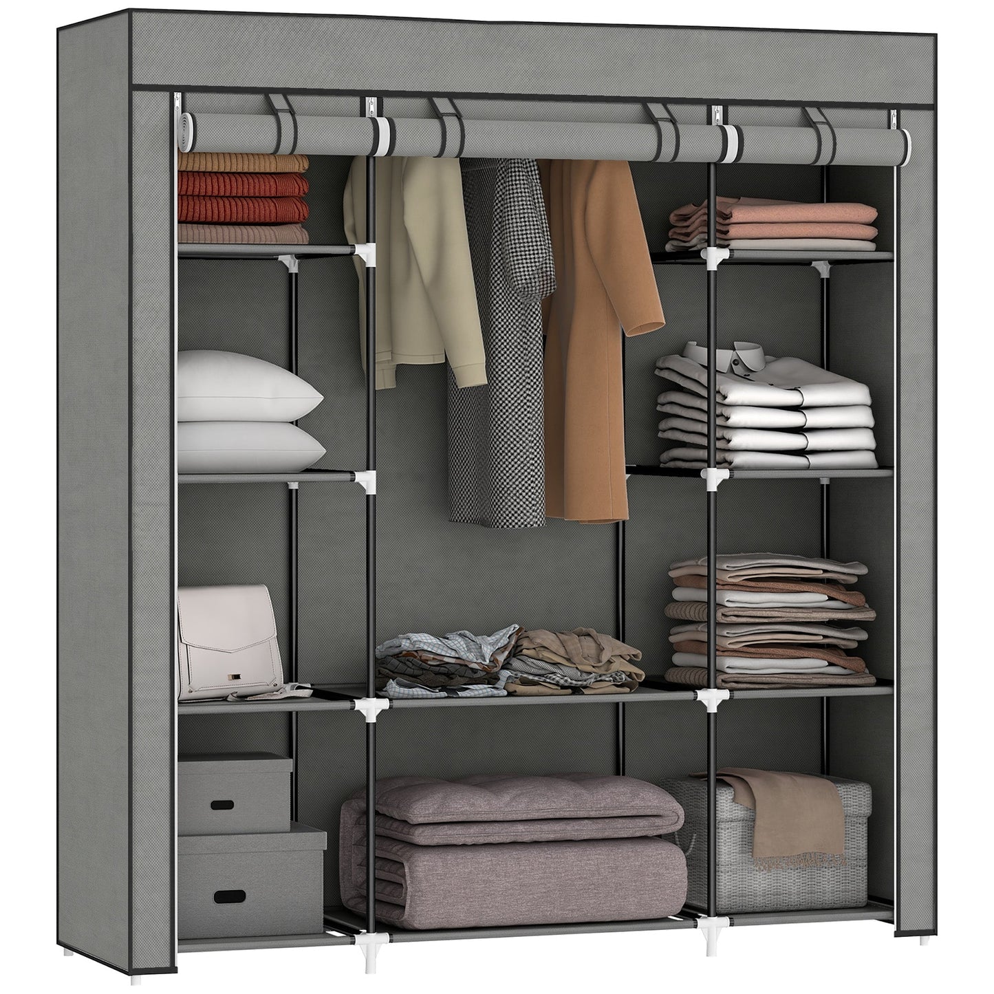 Portable Wardrobe, Foldable Fabric Wardrobe, 150 x 43 x 162.5cm, Clothes Storage Organiser with Hanging Rail, Shelves, Fabric Cover for Bedroom, Dark Grey