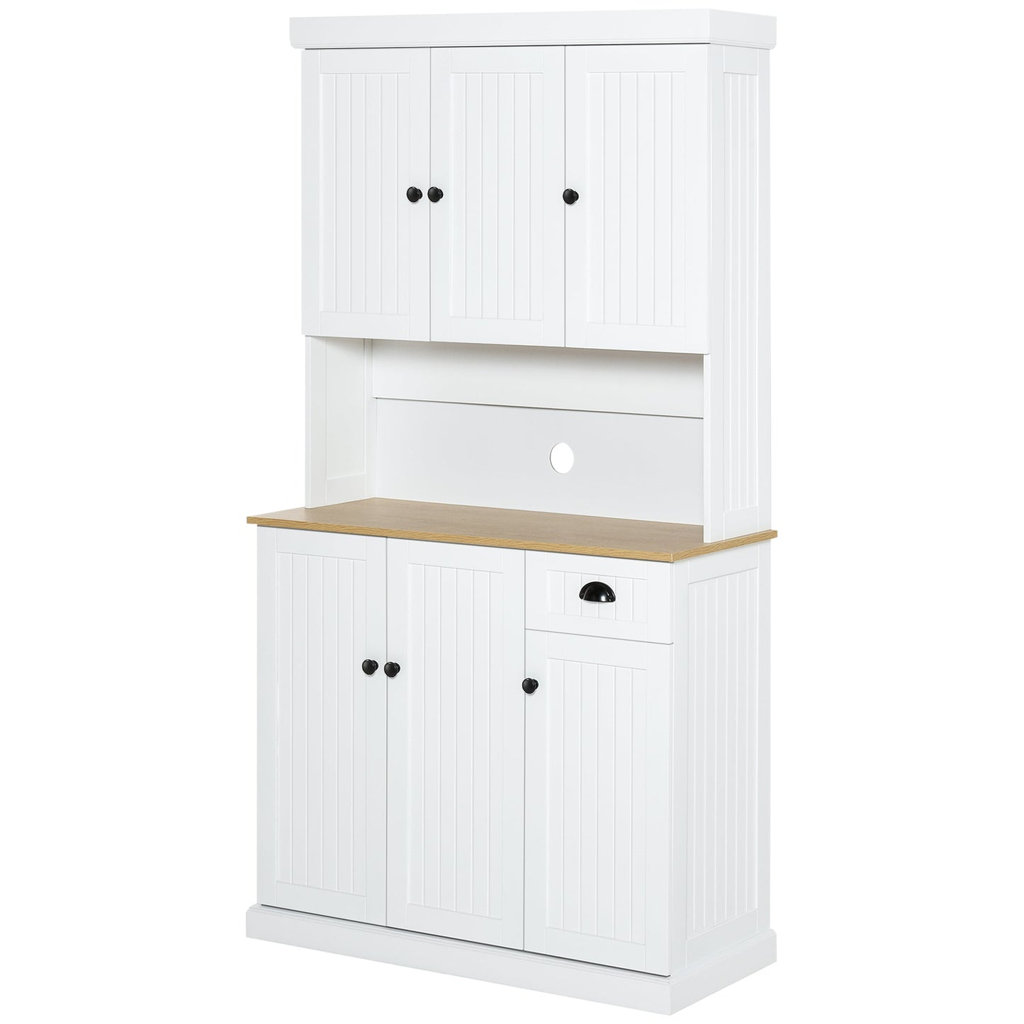 HOMCOM 180cm Kitchen Cupboard with 6 Doors, Modern Kitchen Storage Cabinet with Microwave Oven Countertop, Drawer, Adjustable Shelves and Cable Hole, White
