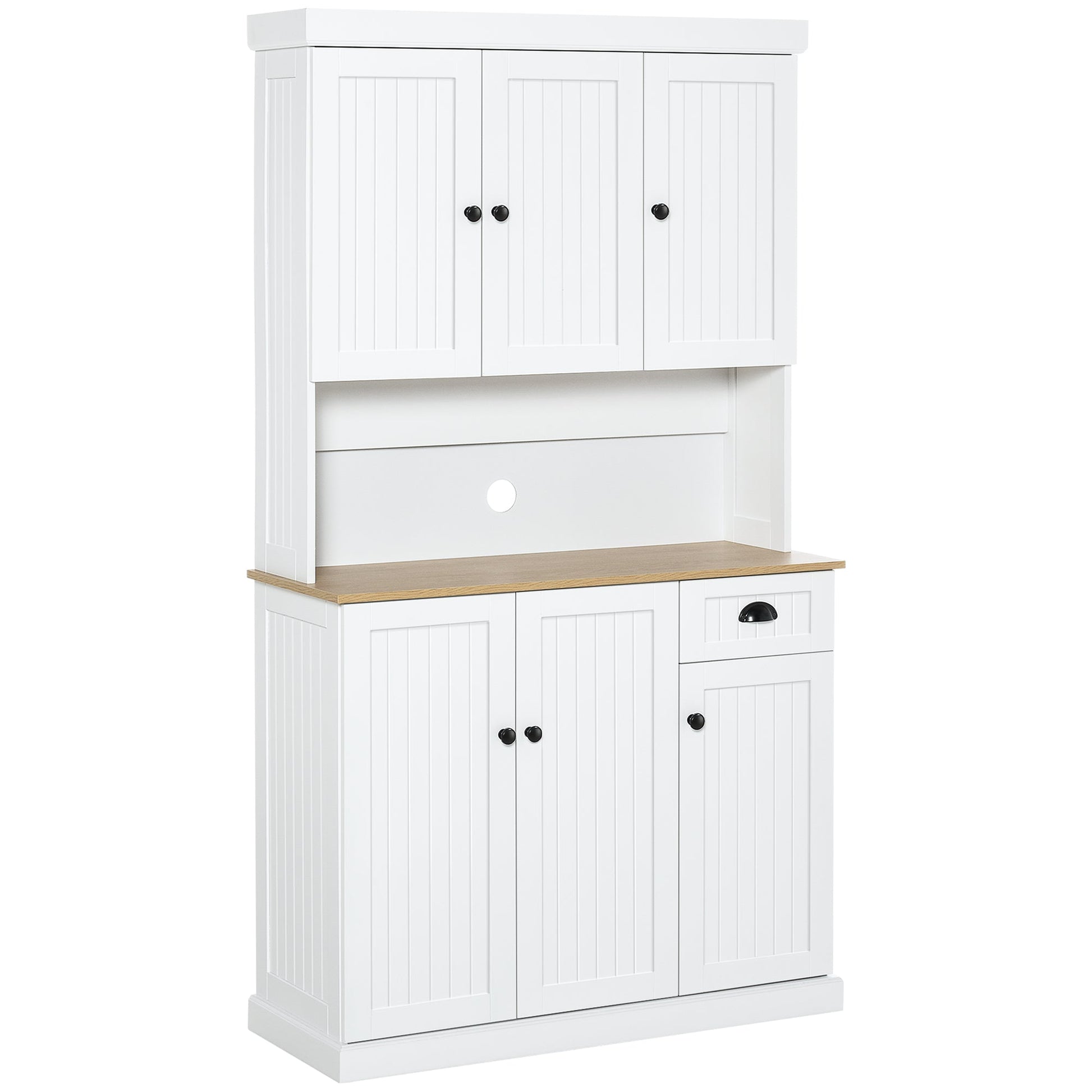 HOMCOM 180cm Kitchen Cupboard with 6 Doors, Modern Kitchen Storage Cabinet with Microwave Oven Countertop, Drawer, Adjustable Shelves and Cable Hole, White