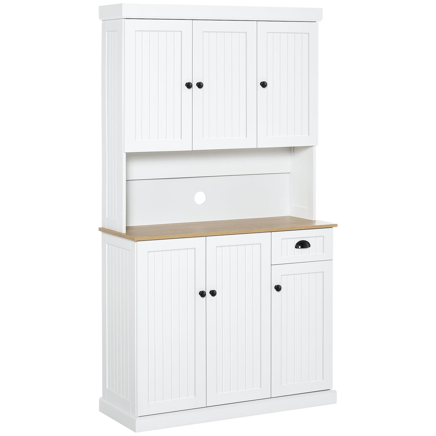 HOMCOM 180cm Kitchen Cupboard with 6 Doors, Modern Kitchen Storage Cabinet with Microwave Oven Countertop, Drawer, Adjustable Shelves and Cable Hole, White